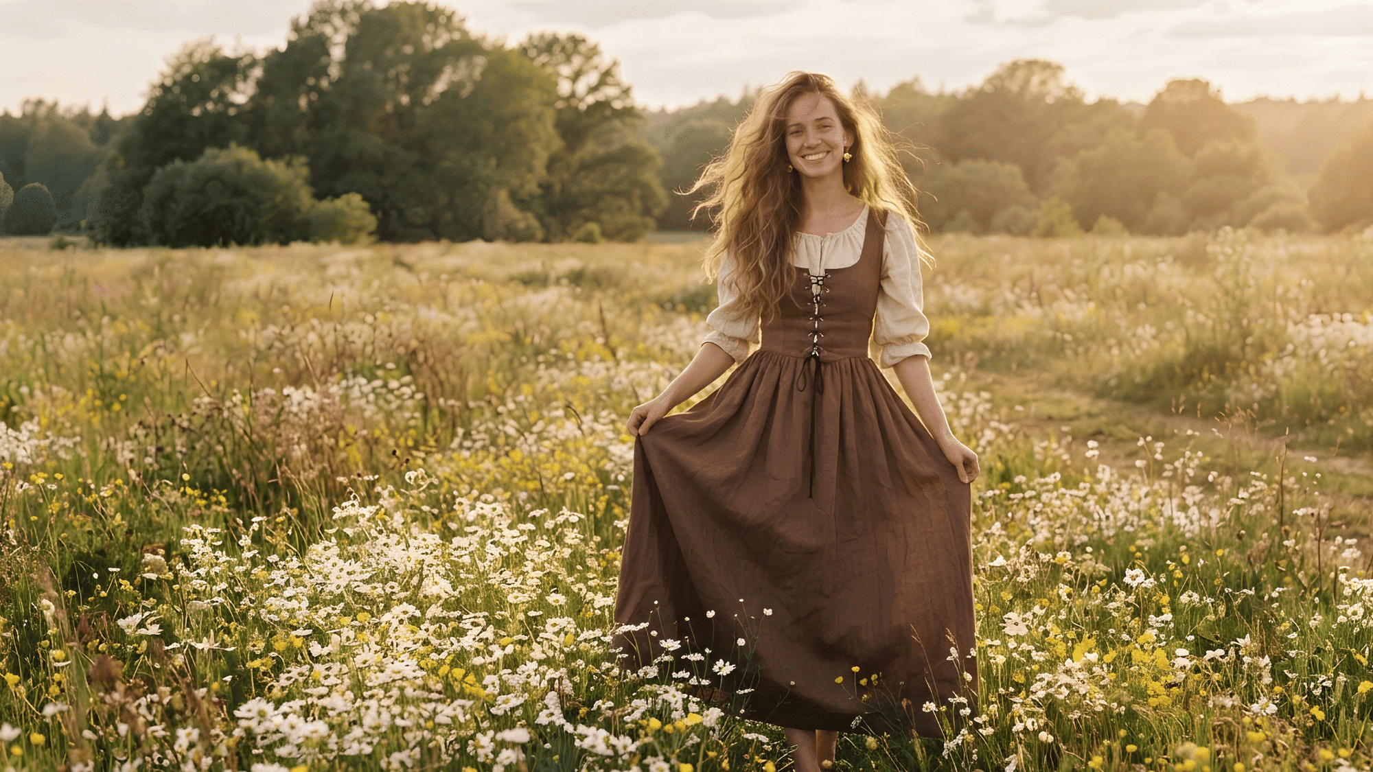 woman wearing a peasant dress with a relaxed flowing silhouette puff sleeves and delicate floral details