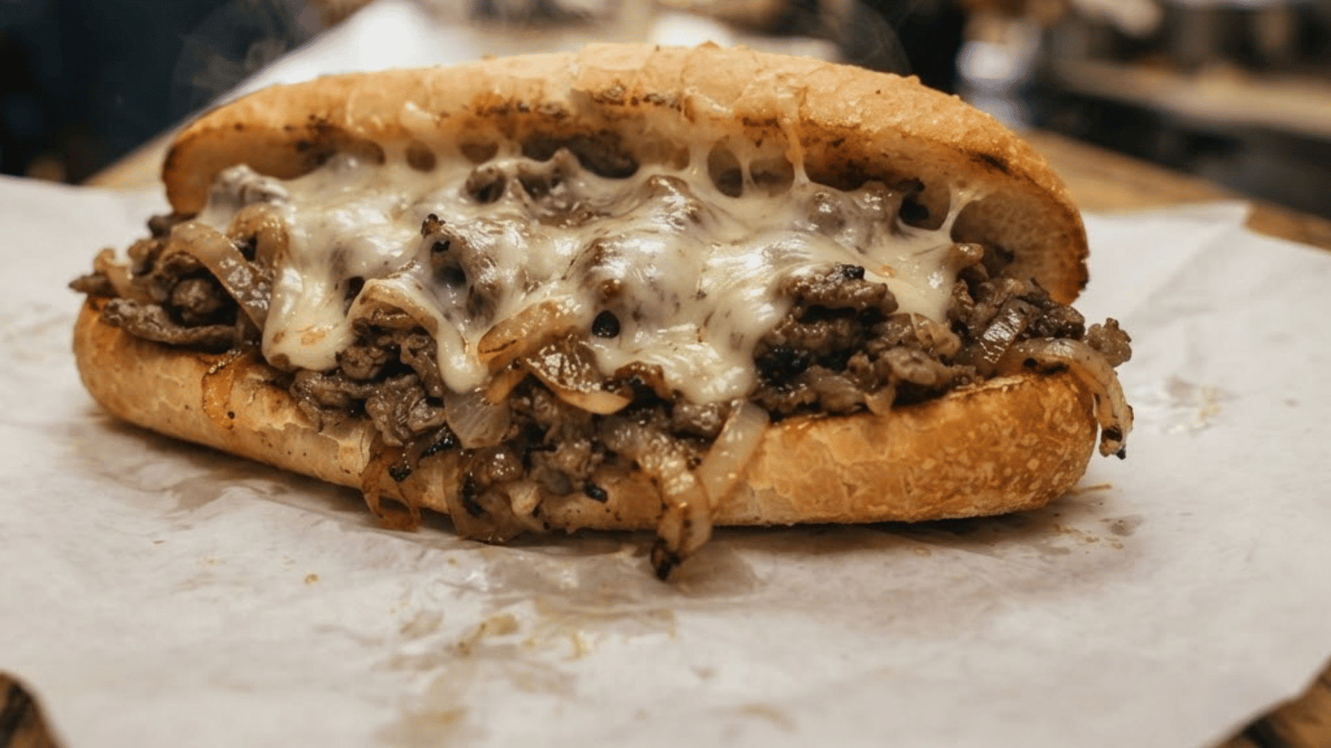 philly cheesesteak filled with thinly sliced beef caramelized onions and melted cheese on a toasted roll