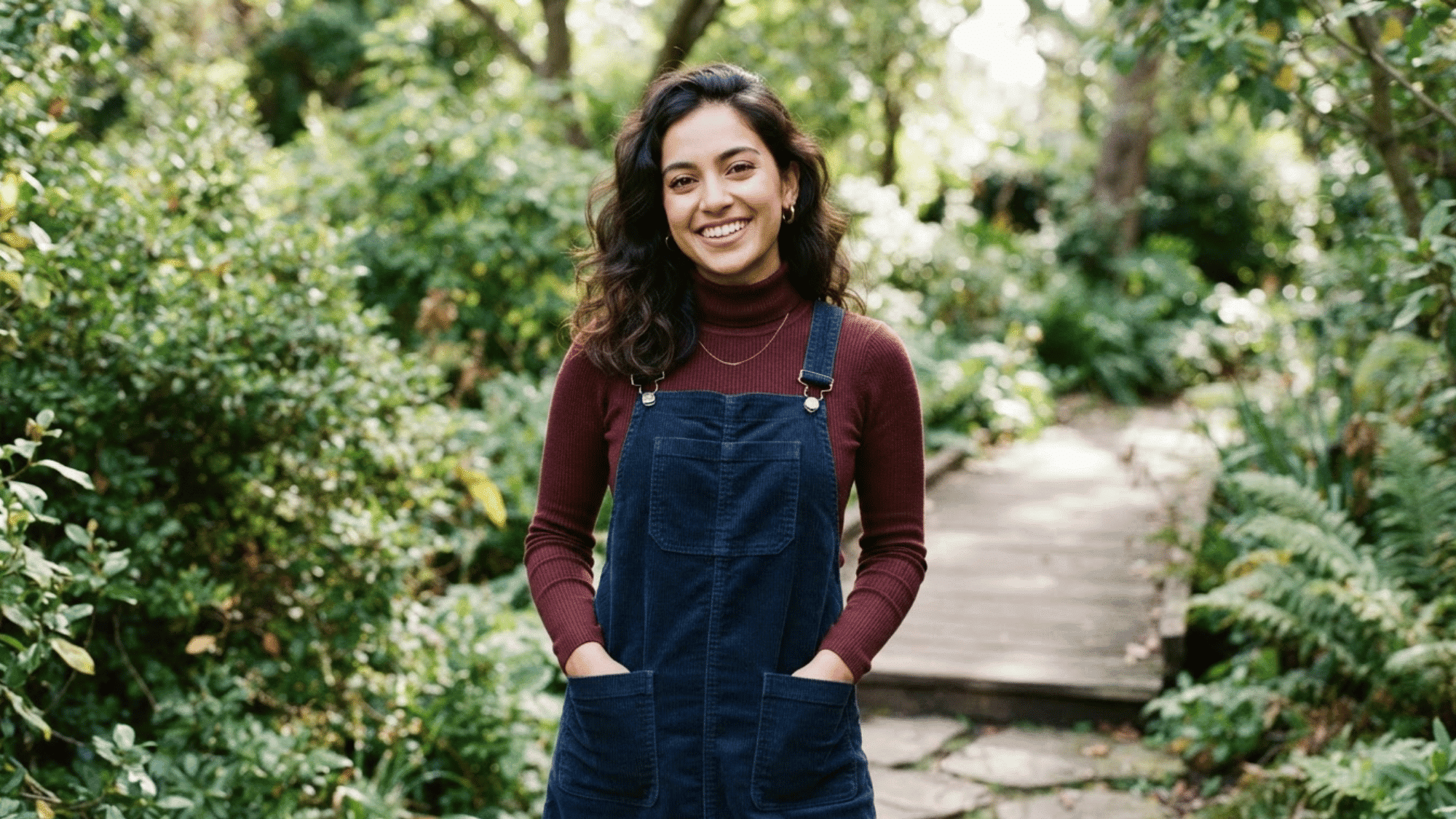 woman wearing a pinafore dress layered over a simple top with a casual and stylish look