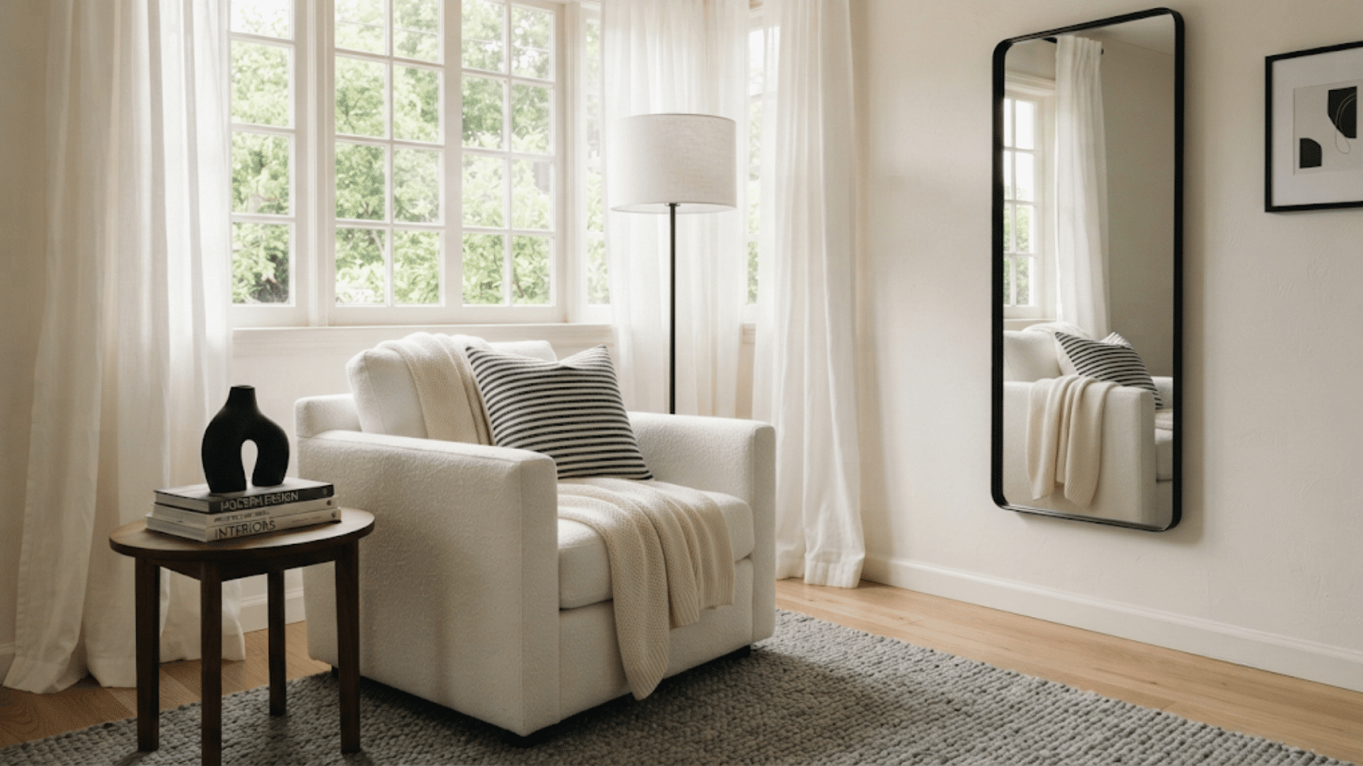 mirrors near windows reflect natural light across a cozy living room with cream walls and warm wood furniture