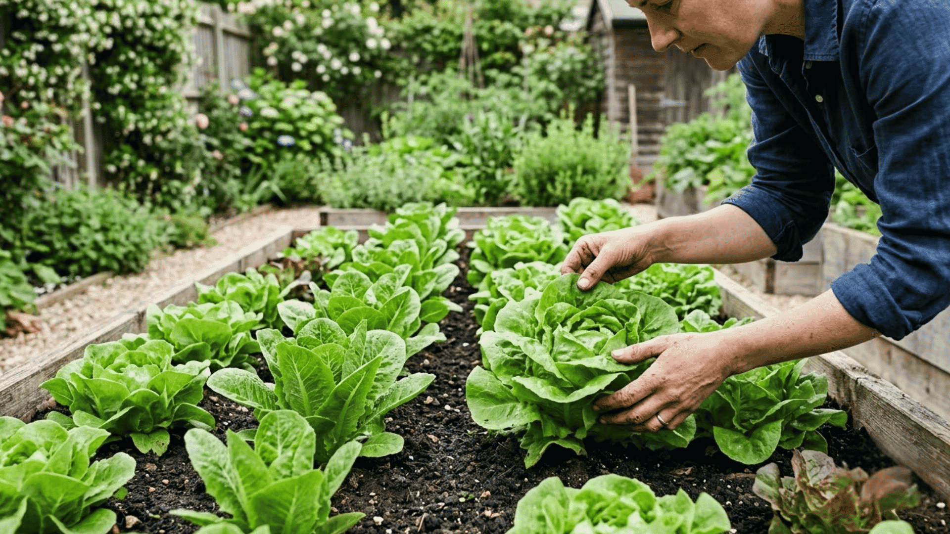 healthy green lettuce growing in neat raised garden beds during cool spring weather