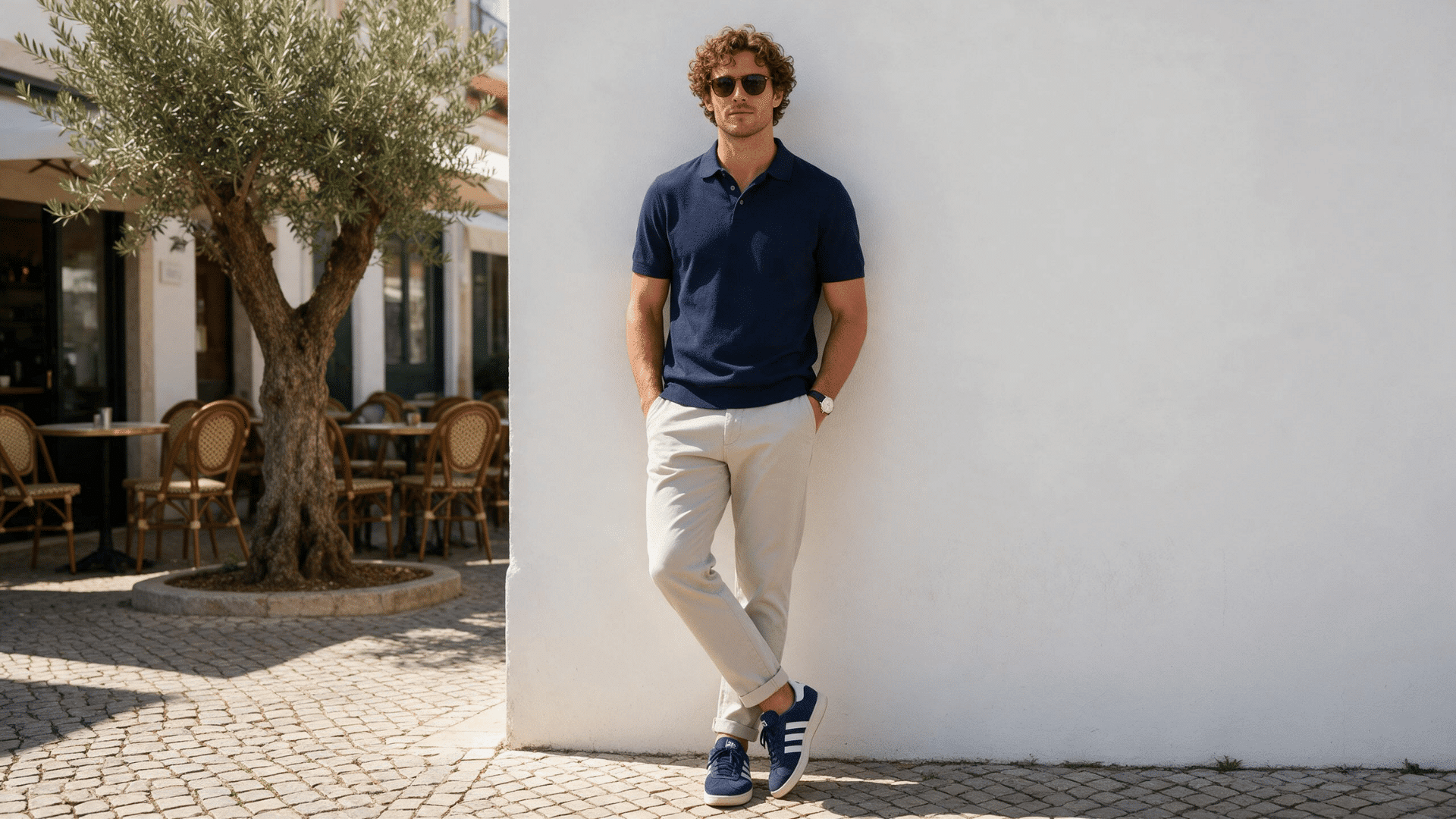 man wearing a navy polo shirt with light tailored trousers and blue sneakers beside an outdoor cafe