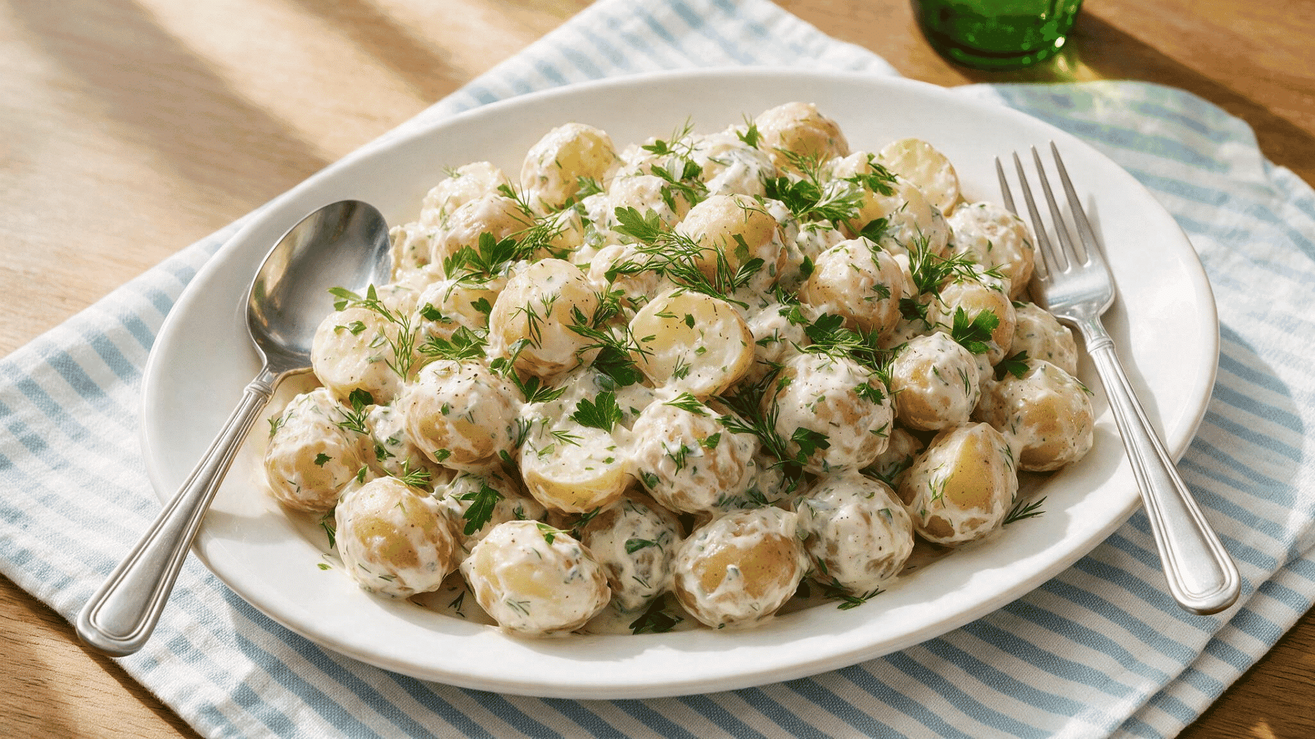 creamy potato salad with baby potatoes, parsley, and dill on a white plate