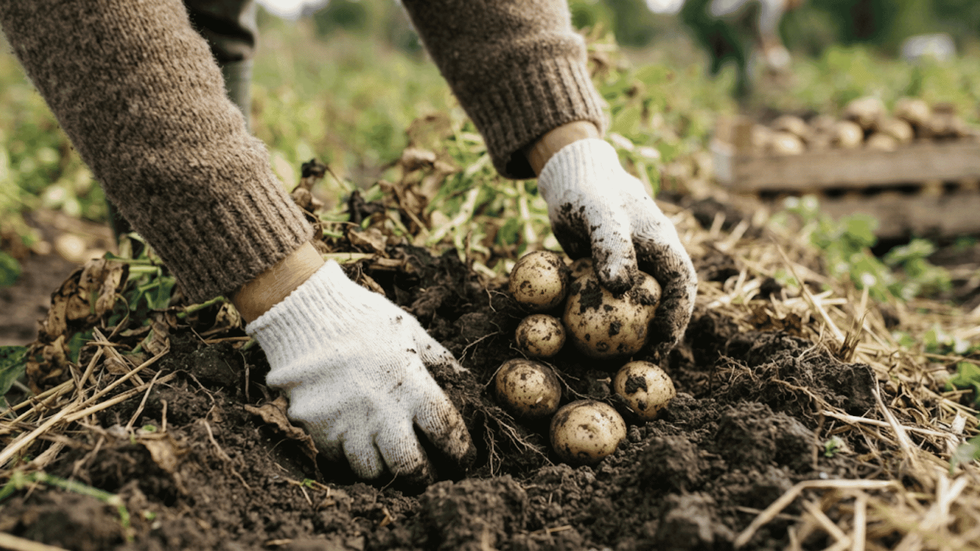 potato harvest with freshly dug potatoes being lifted from rich garden soil by a gardener wearing gloves
