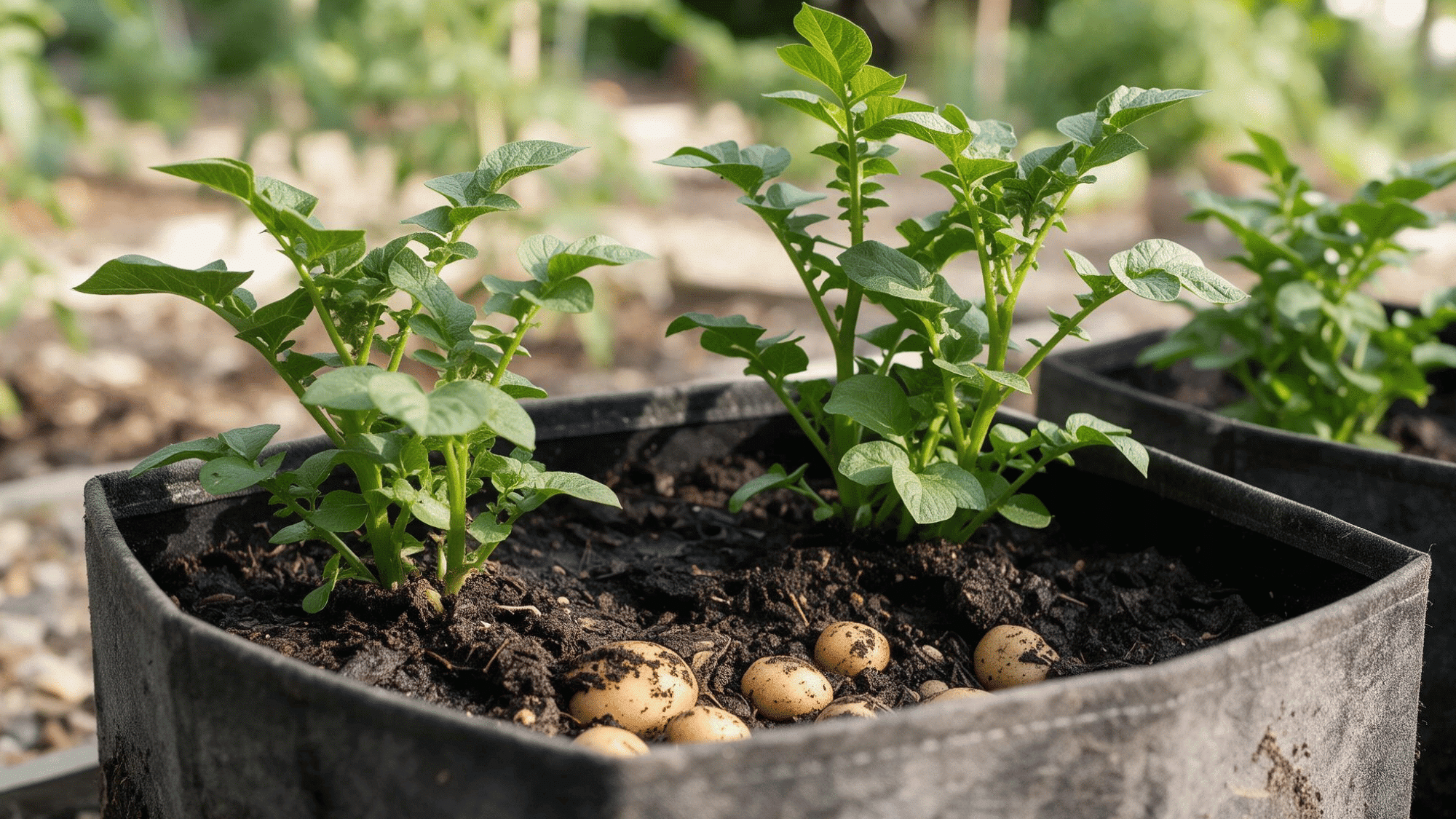 potato plants growing in a large container with leafy green stems above the soil in a garden setting