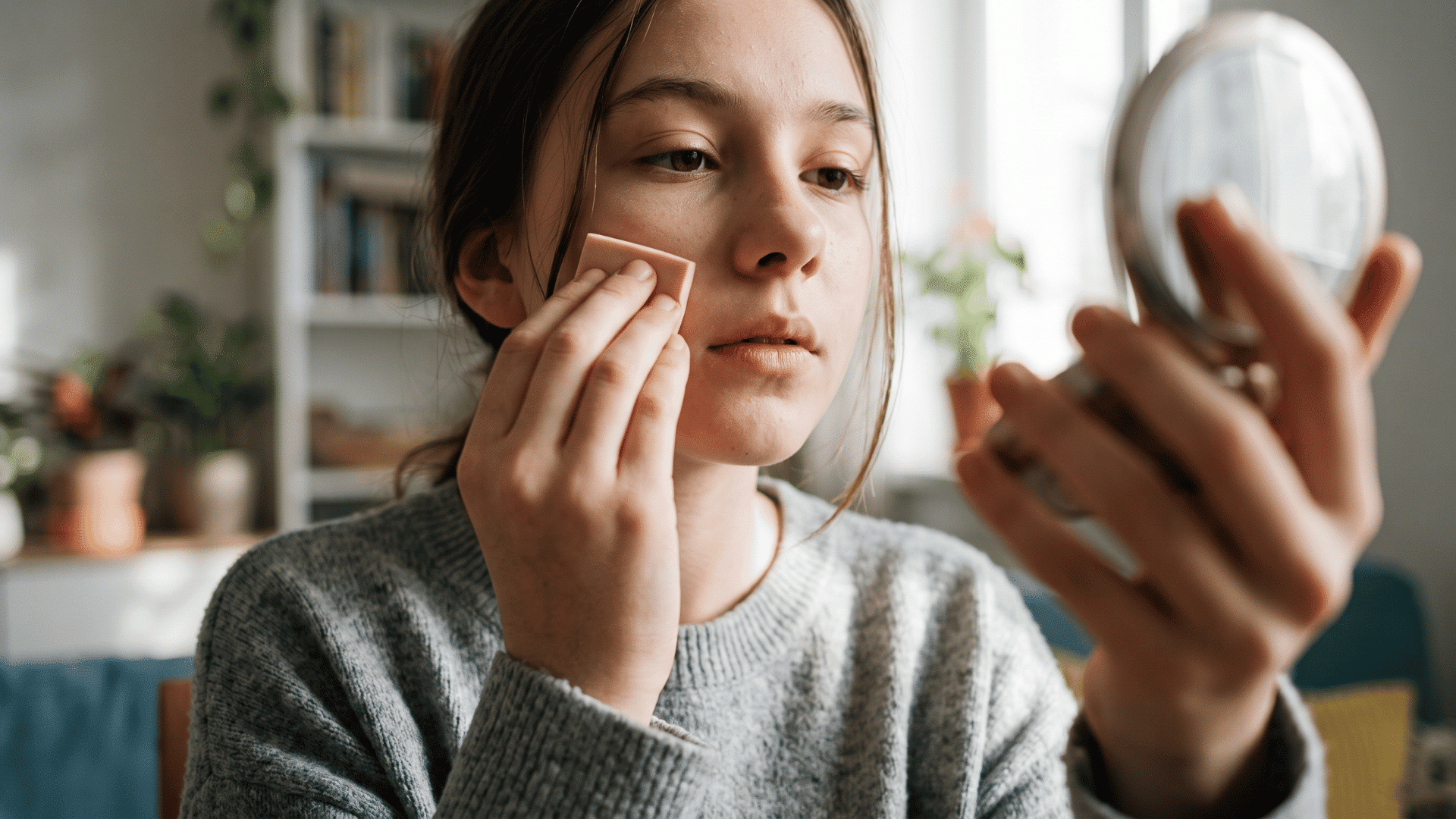 woman applying powder foundation with a sponge while checking coverage in a handheld mirror