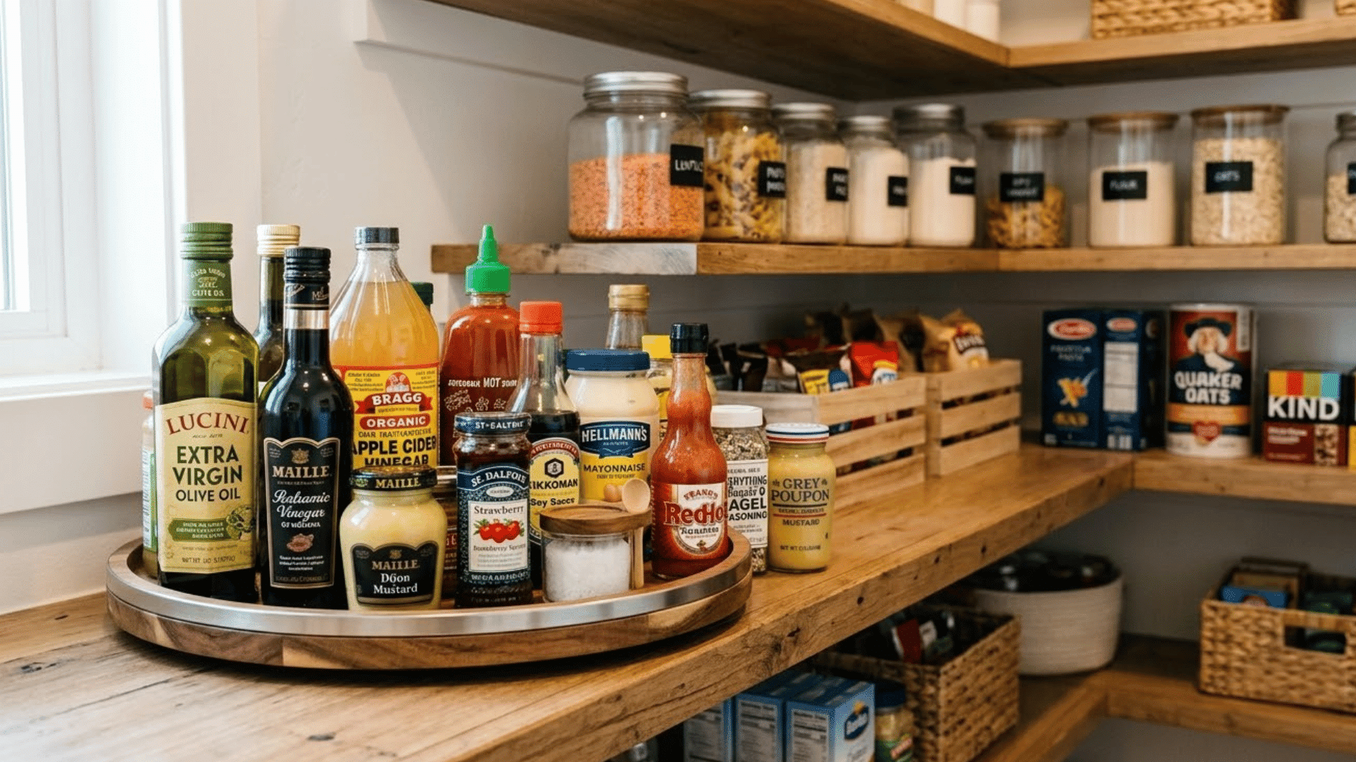 pantry turntable holding oils, sauces, condiments, and jars on a deep shelf for easier reach