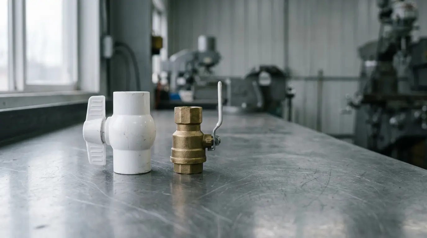 Plastic and brass valves on a metallic workbench in an industrial workshop setting