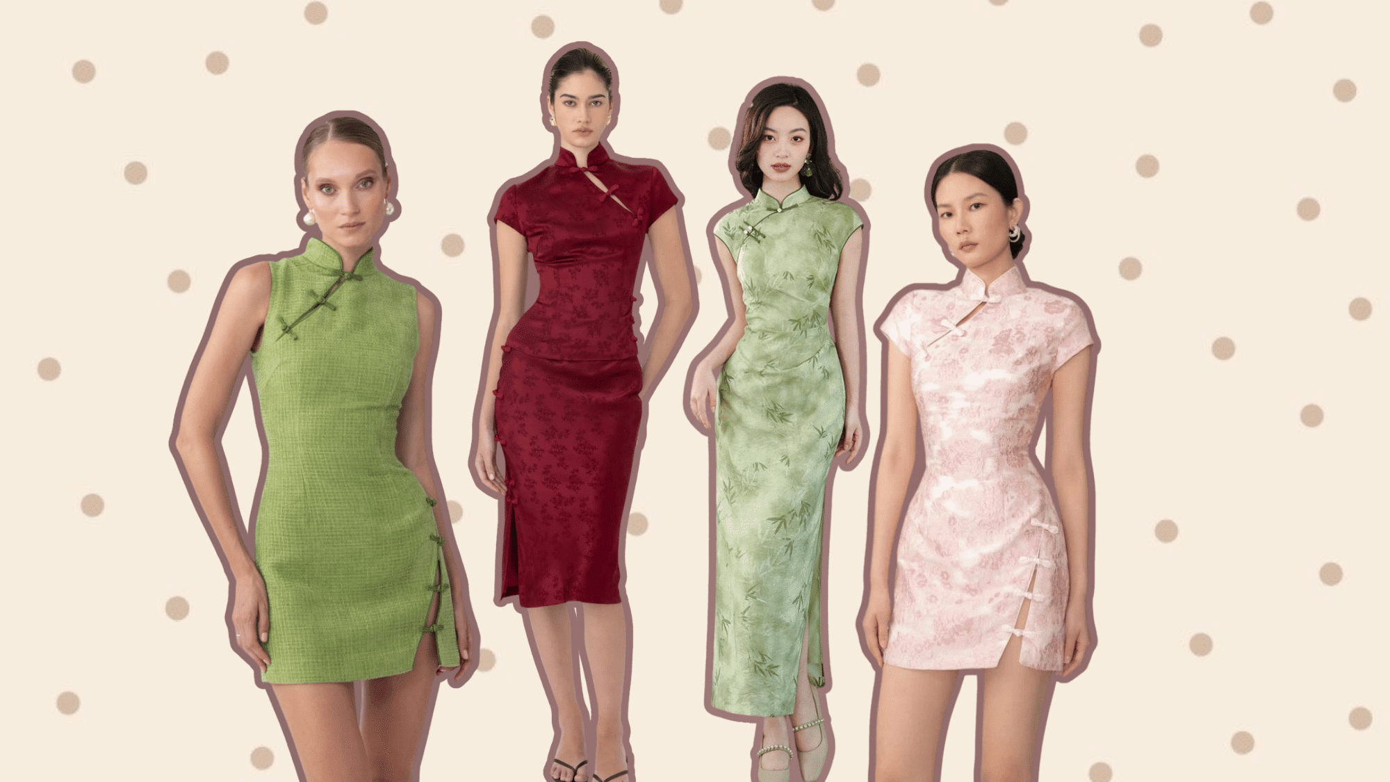 women wearing qipao dresses in different styles with traditional details and fitted silhouettes