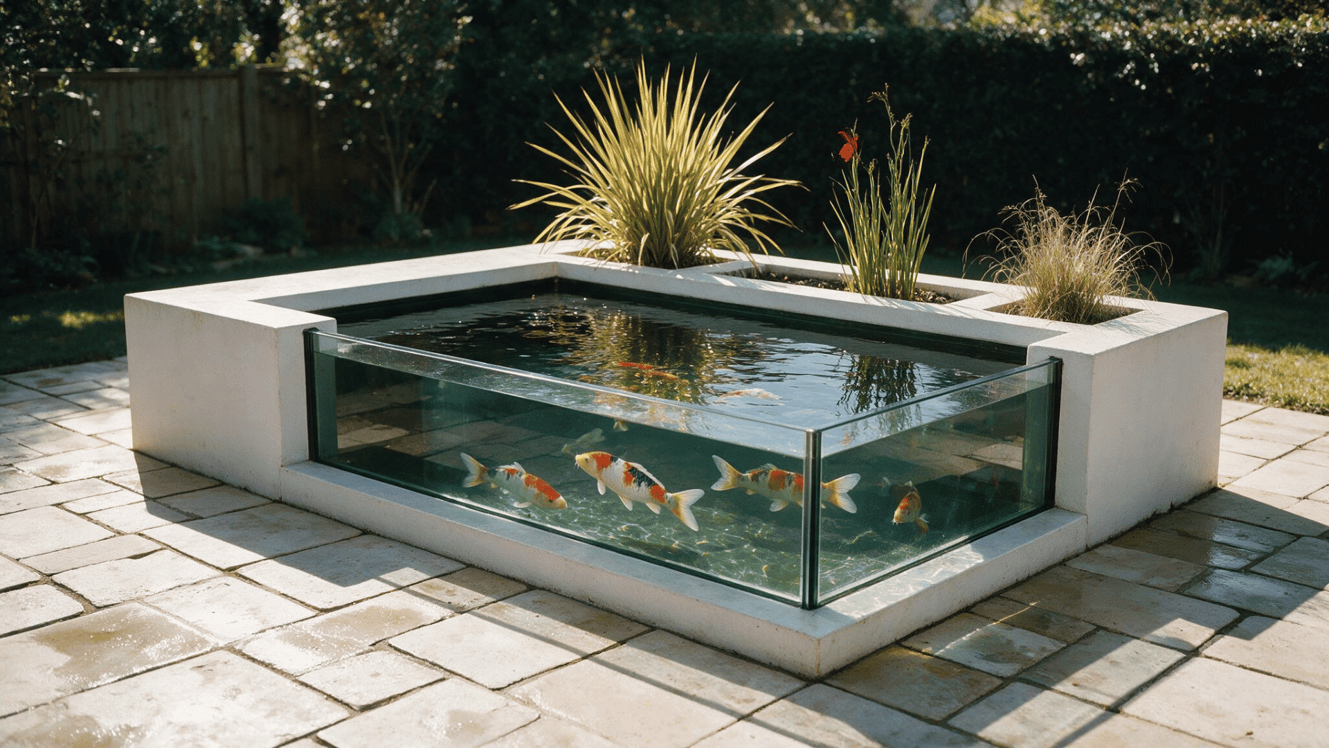 raised modern koi pond with clear glass viewing sides colorful koi and integrated planters in a backyard