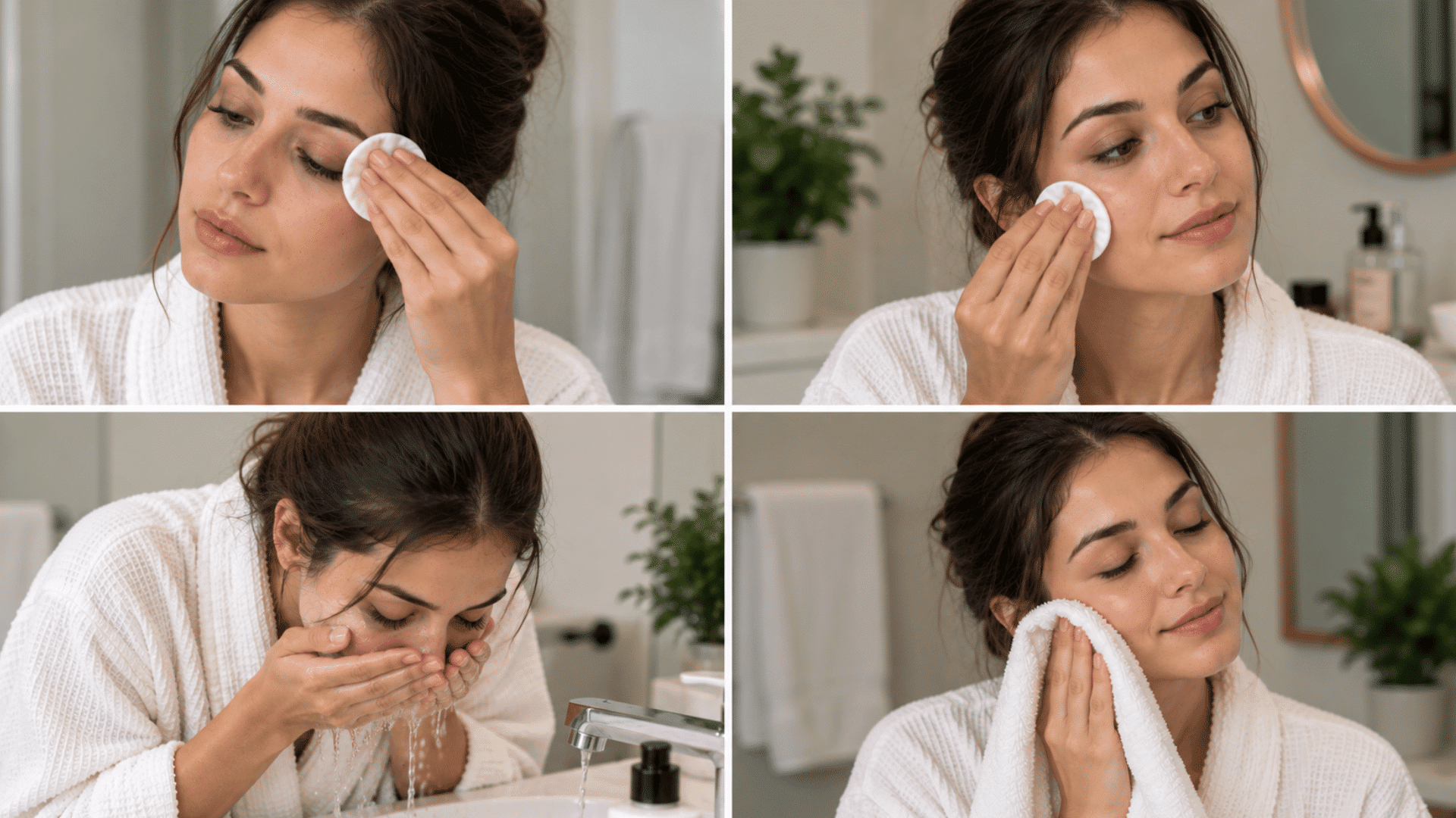 a woman removing makeup with cotton pads then washing her face with water and drying her skin with a soft towel