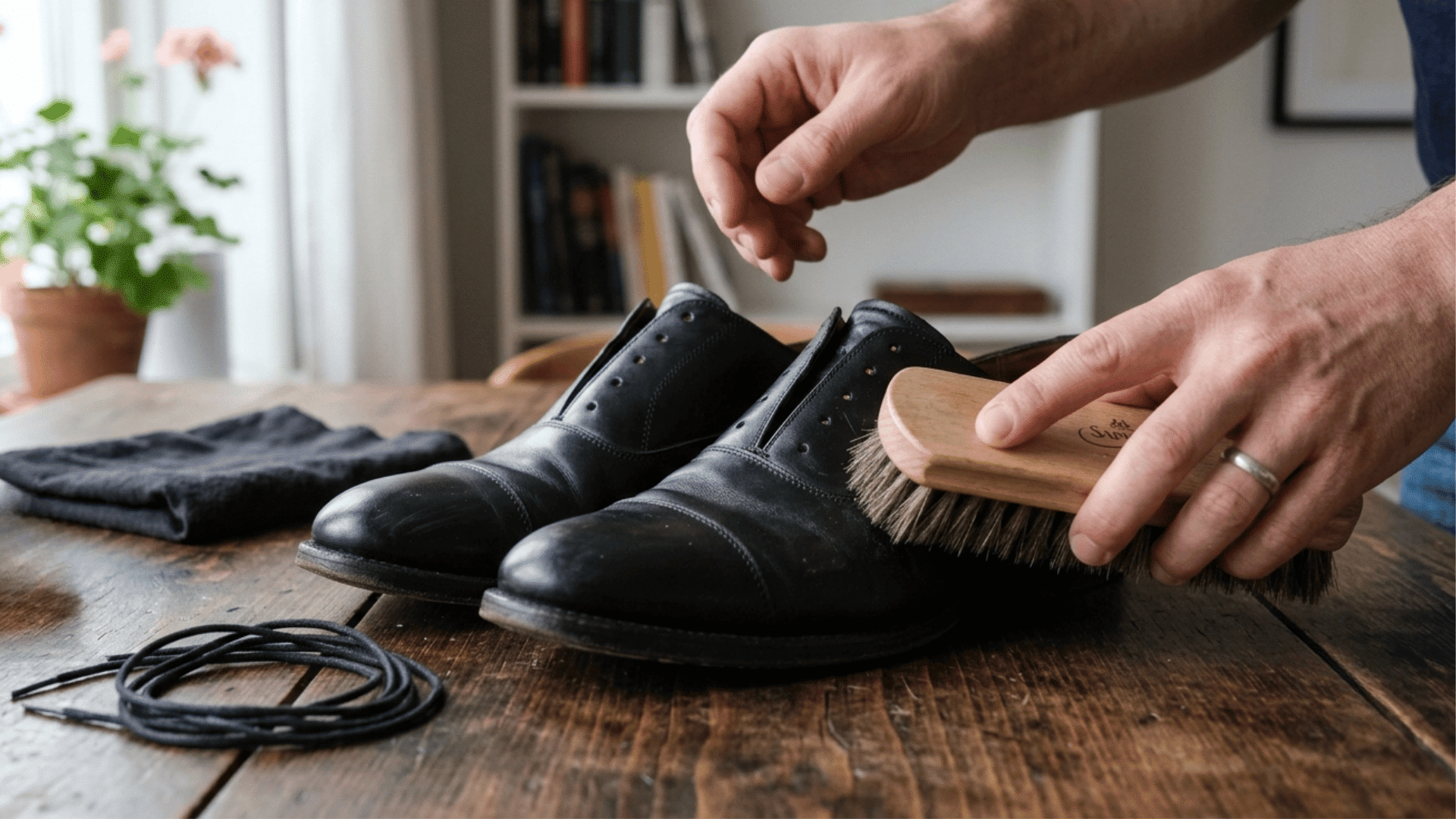 hands brushing dust from unlaced black leather shoes with a soft shoe brush on a wooden table