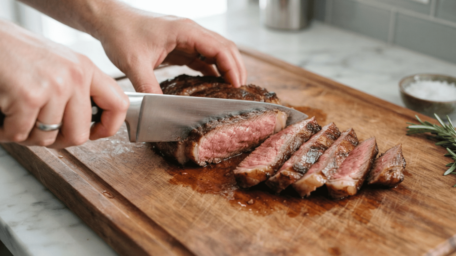 hands slicing a cooked steak into tender pieces on a wooden cutting board after resting the meat