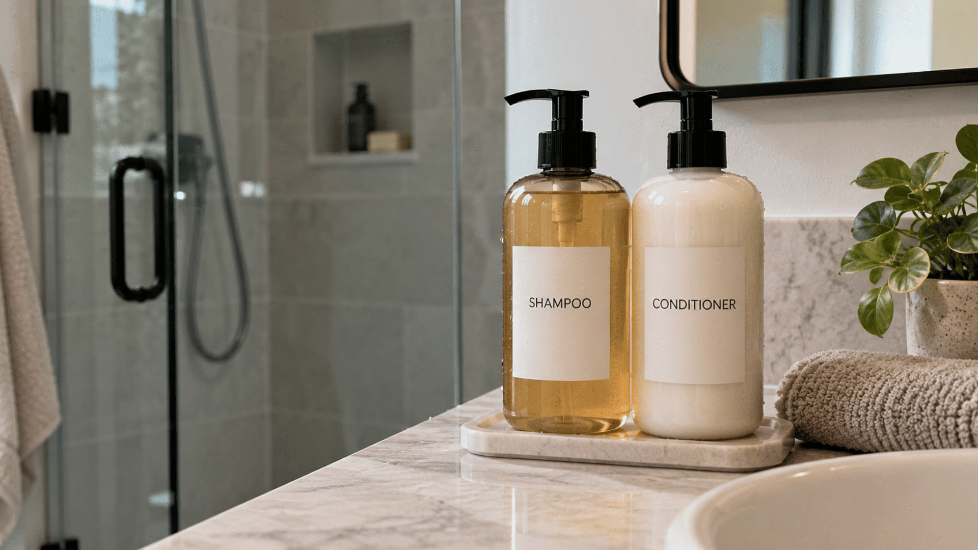 shampoo and conditioner pump bottles on a marble bathroom counter beside a folded towel and green plant