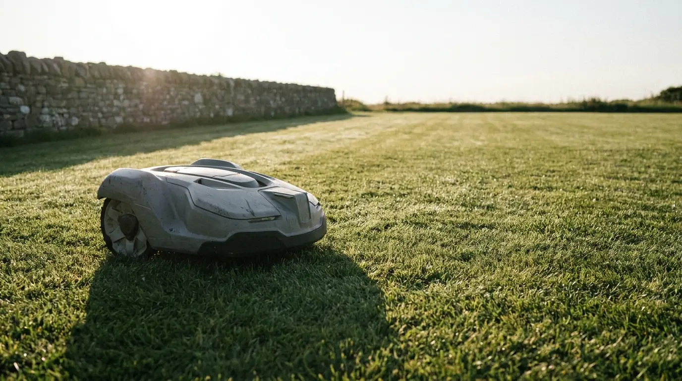 Robotic lawn mower on green grass in sunlit outdoor yard