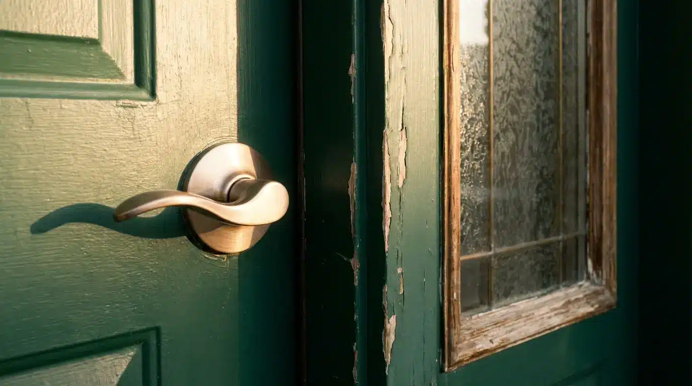 Bronze door handle on a green door with peeling paint and a decorative glass panel