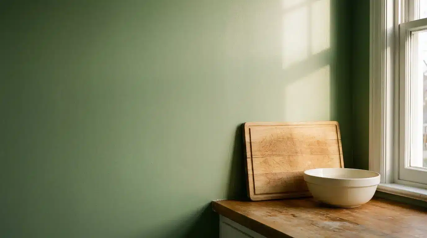 Wooden cutting board and ceramic bowl on rustic countertop by green wall in natural light