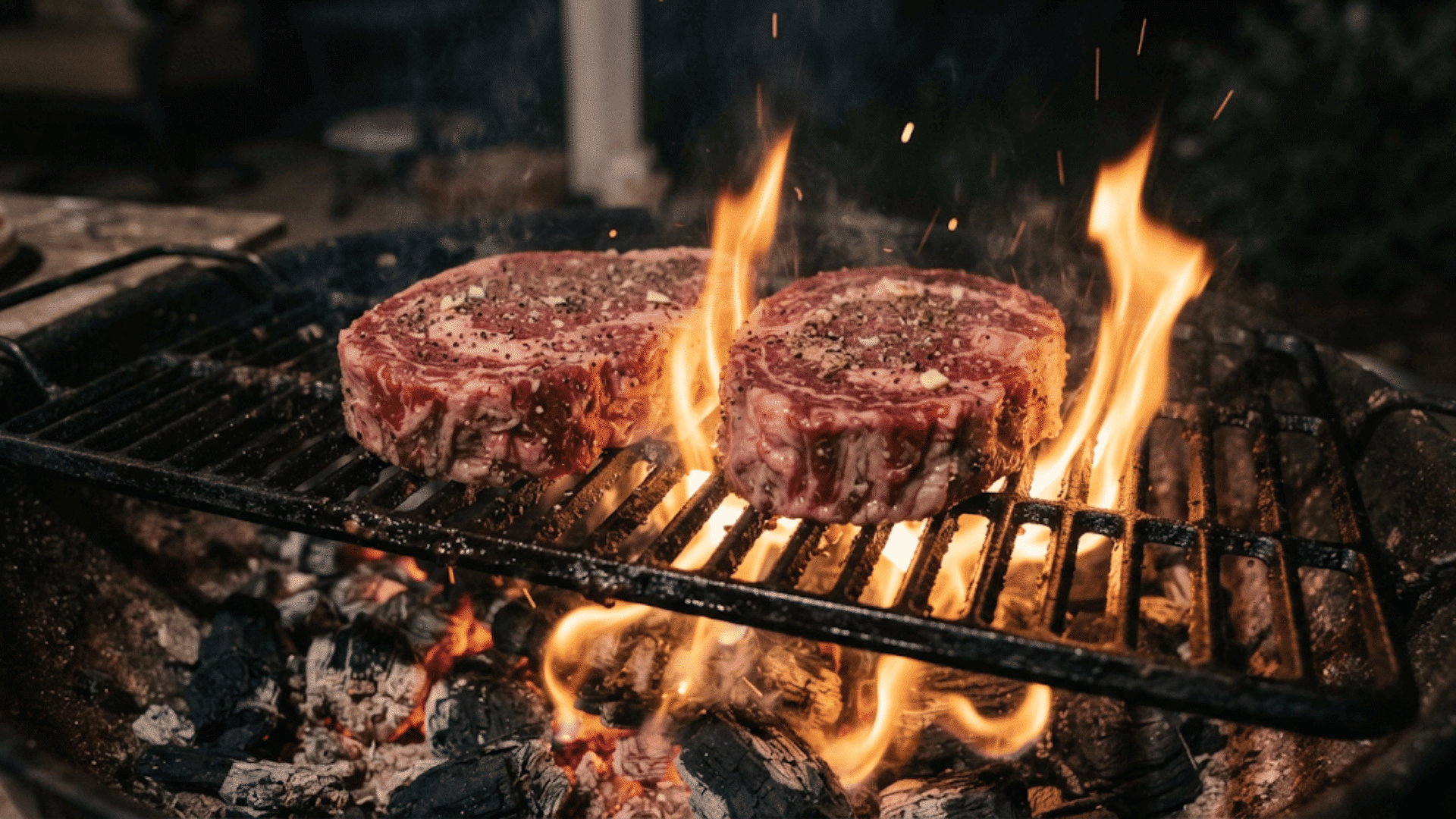 sear steak over direct heat as seasoned ribeye steaks cook over open flames for a browned flavorful crust