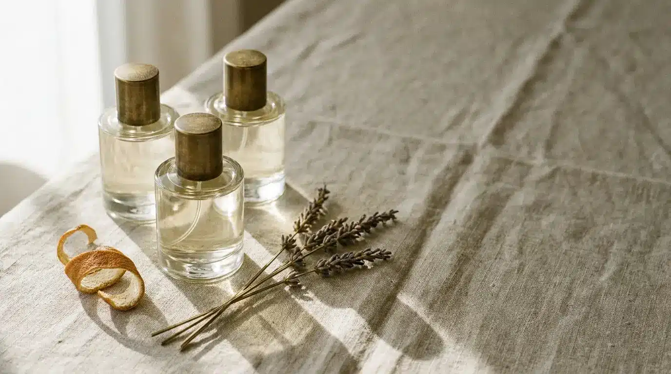 Three glass perfume bottles with brass caps on linen cloth beside lavender sprigs and orange peels