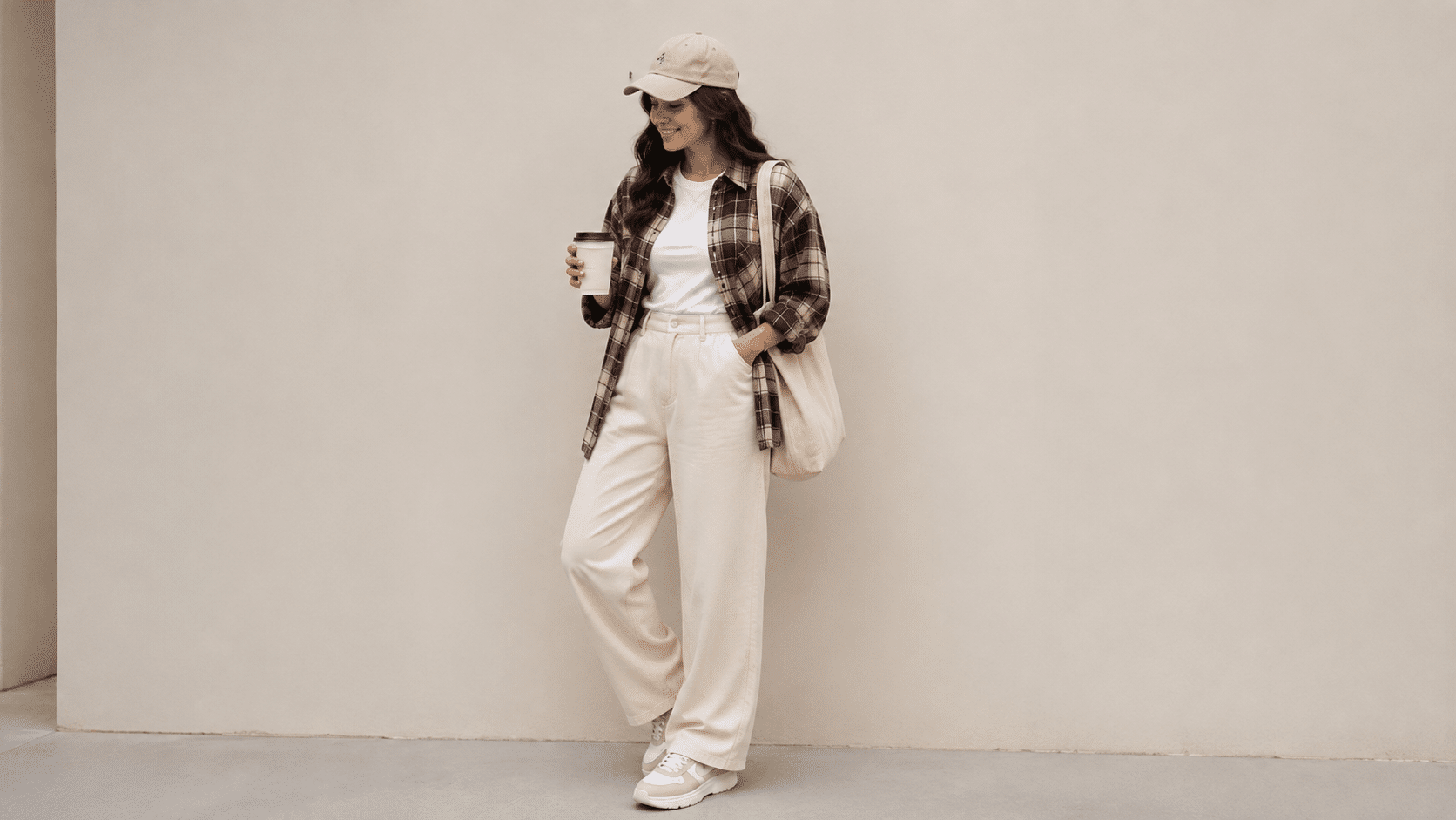 plaid shacket with white tee and wide leg pants creating a relaxed everyday streetwear outfit look