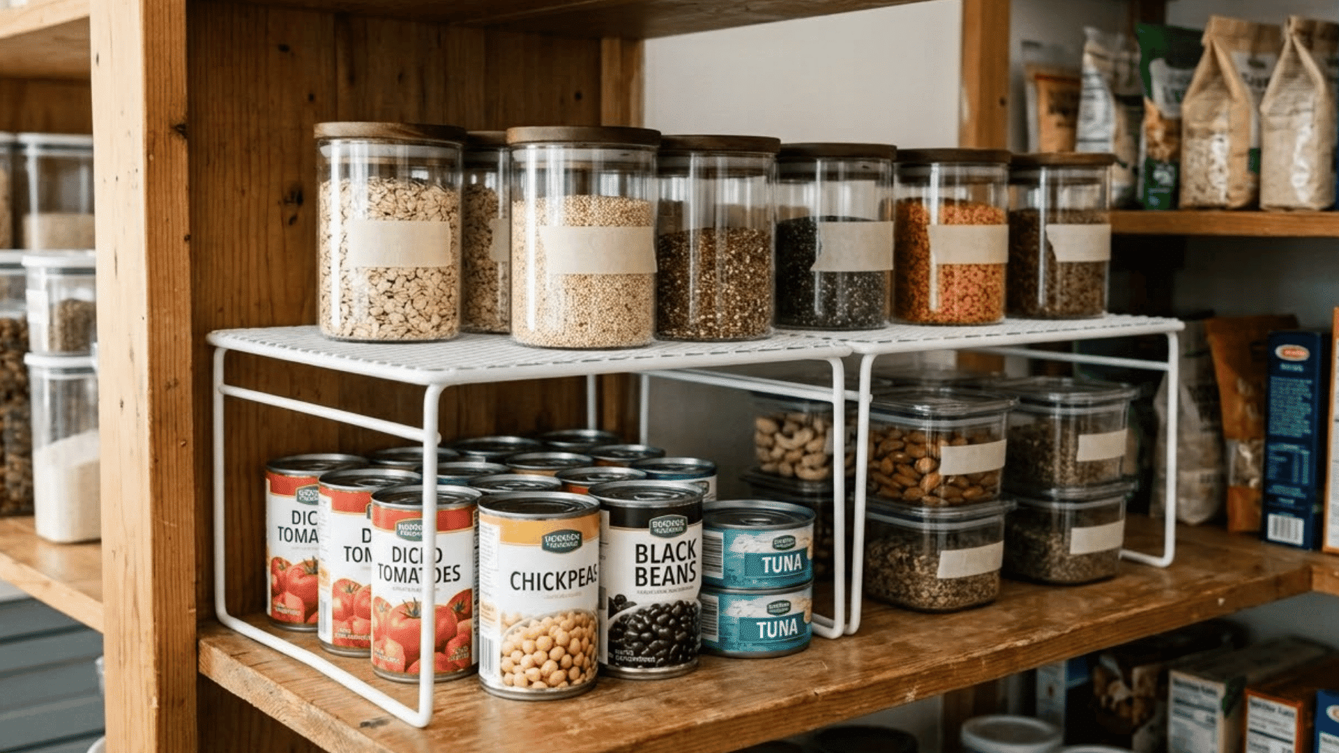 pantry shelf risers creating extra storage levels for jars canned foods and small container