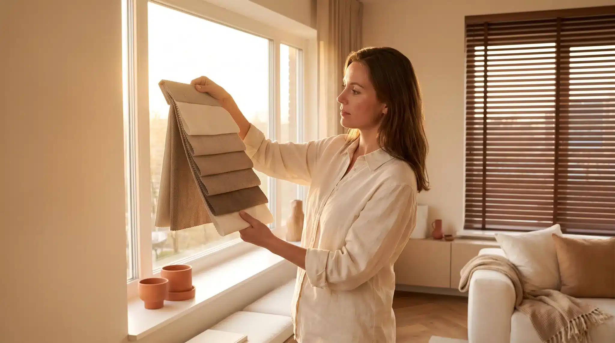 Woman examining fabric swatches in sunlit living room with beige decor