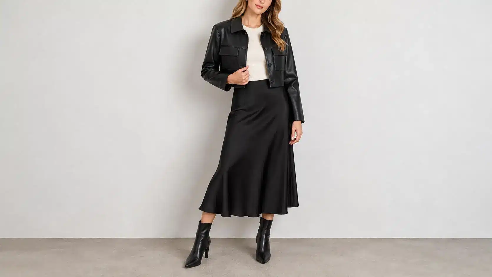 Woman wearing black leather jacket and skirt with boots against plain background