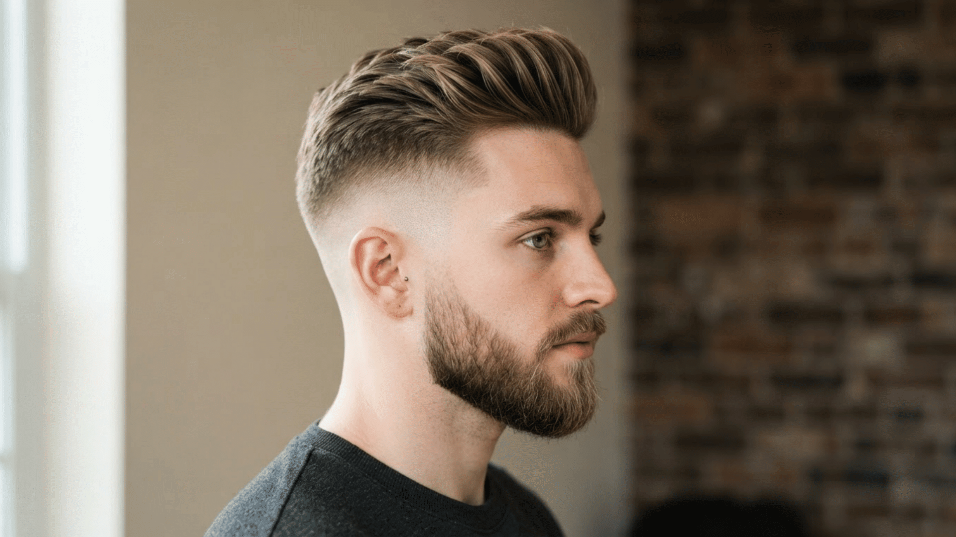 man with thinning hair wearing a short pompadour with subtle height and neatly trimmed sides