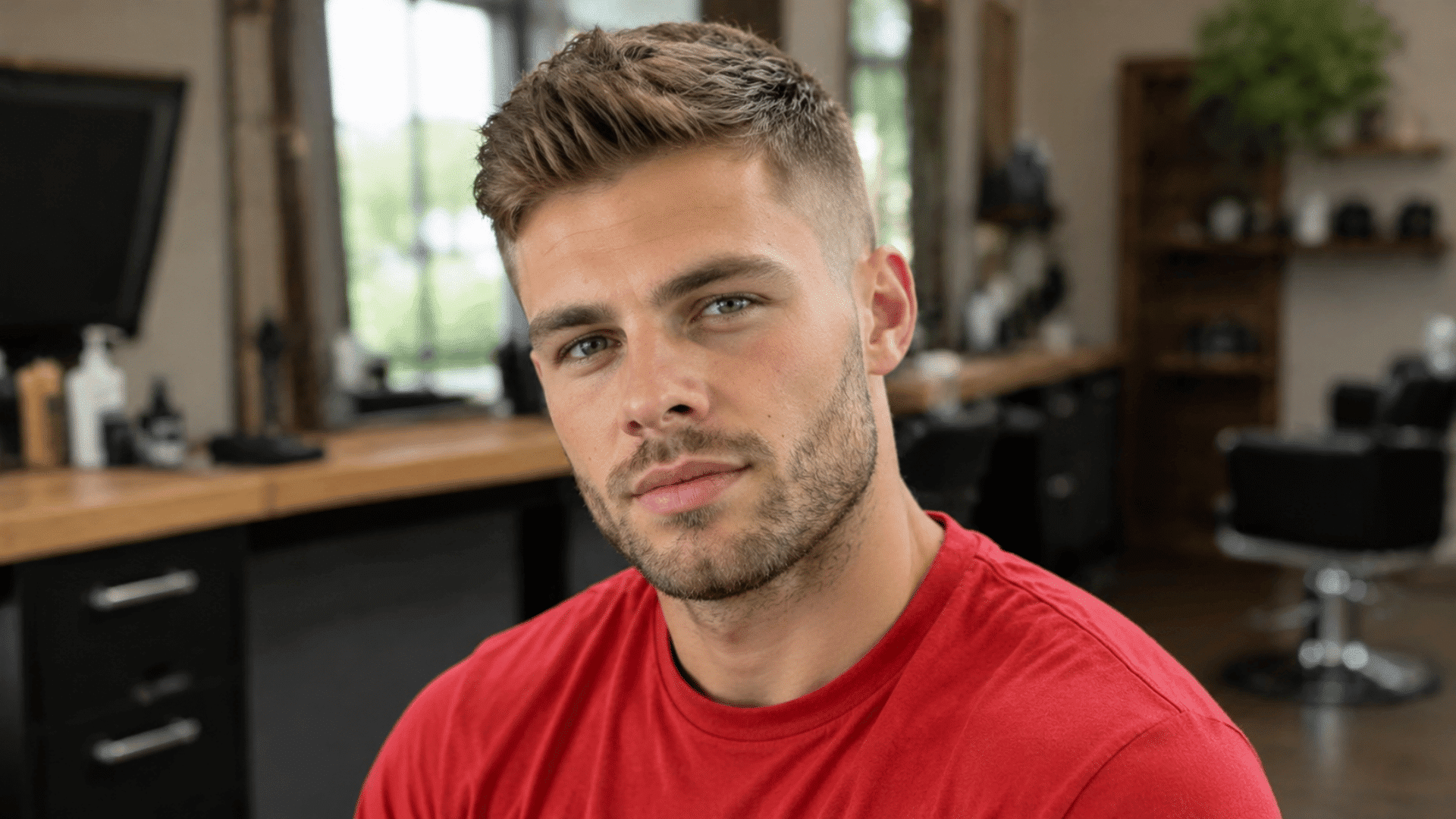 man with light brown hair styled upward in a clean fade wearing a red t shirt inside a softly blurred barbershop