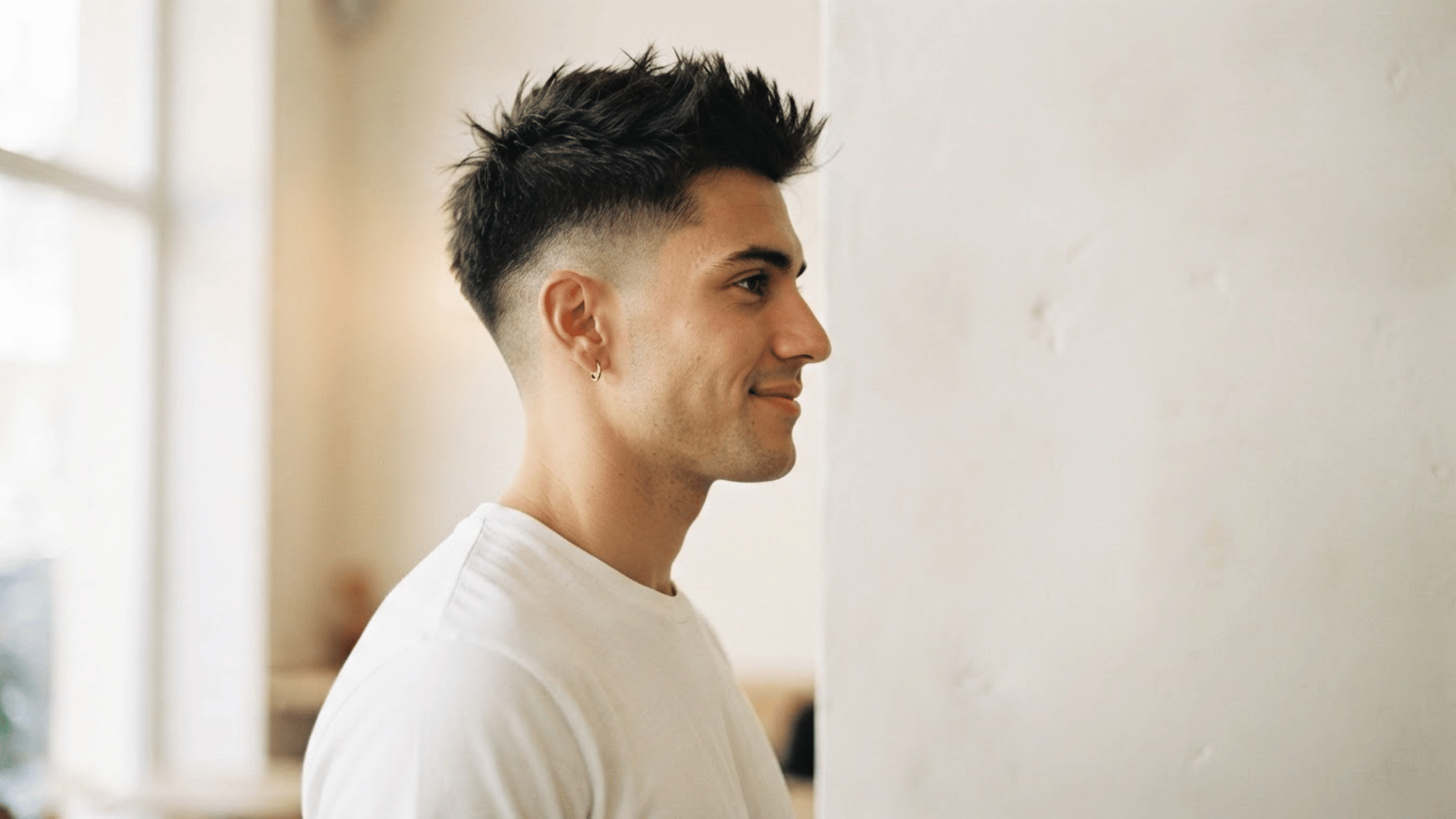 man with thinning hair wearing short spiky hair with soft textured sections across the top
