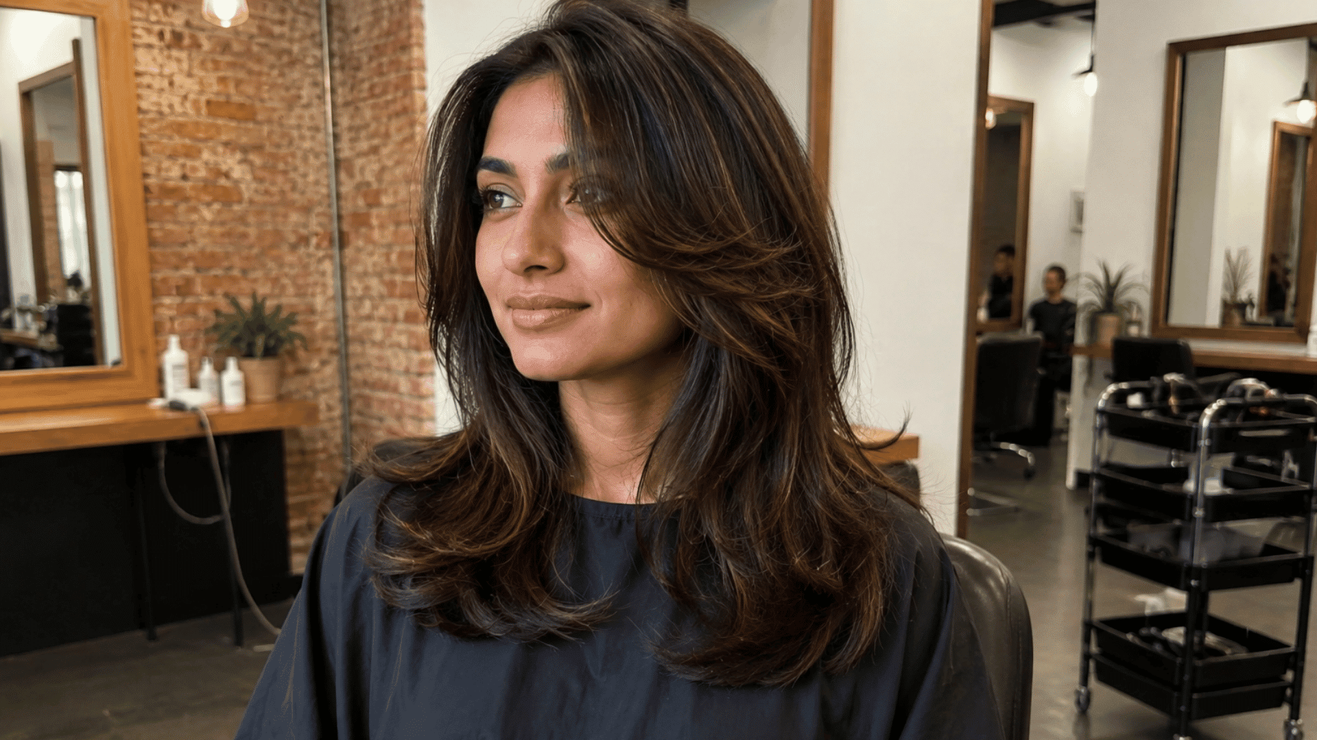 woman with heart shaped face wearing side parted voluminous haircut