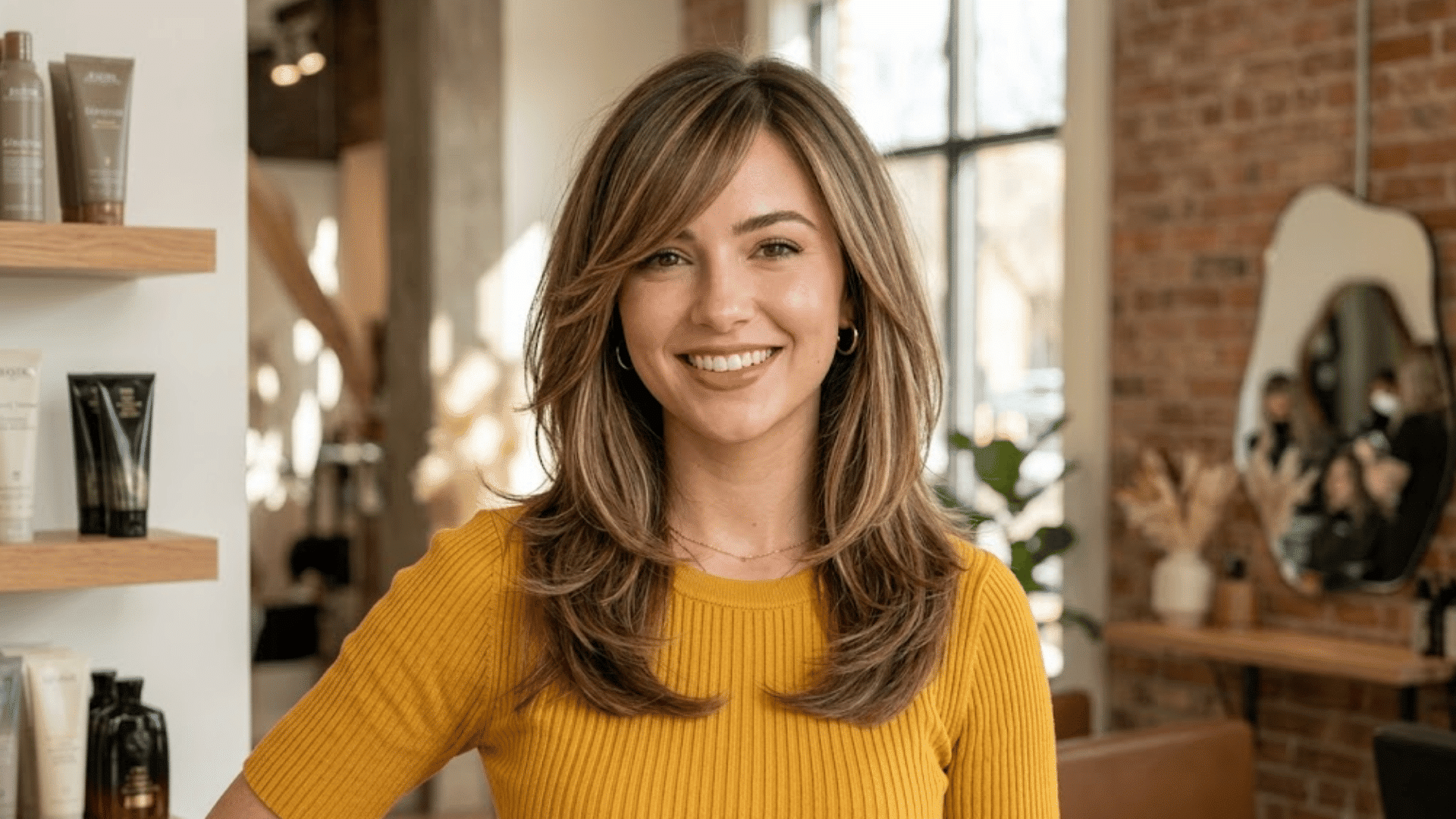 woman with heart shaped face wearing side swept bangs with soft layered hairstyle