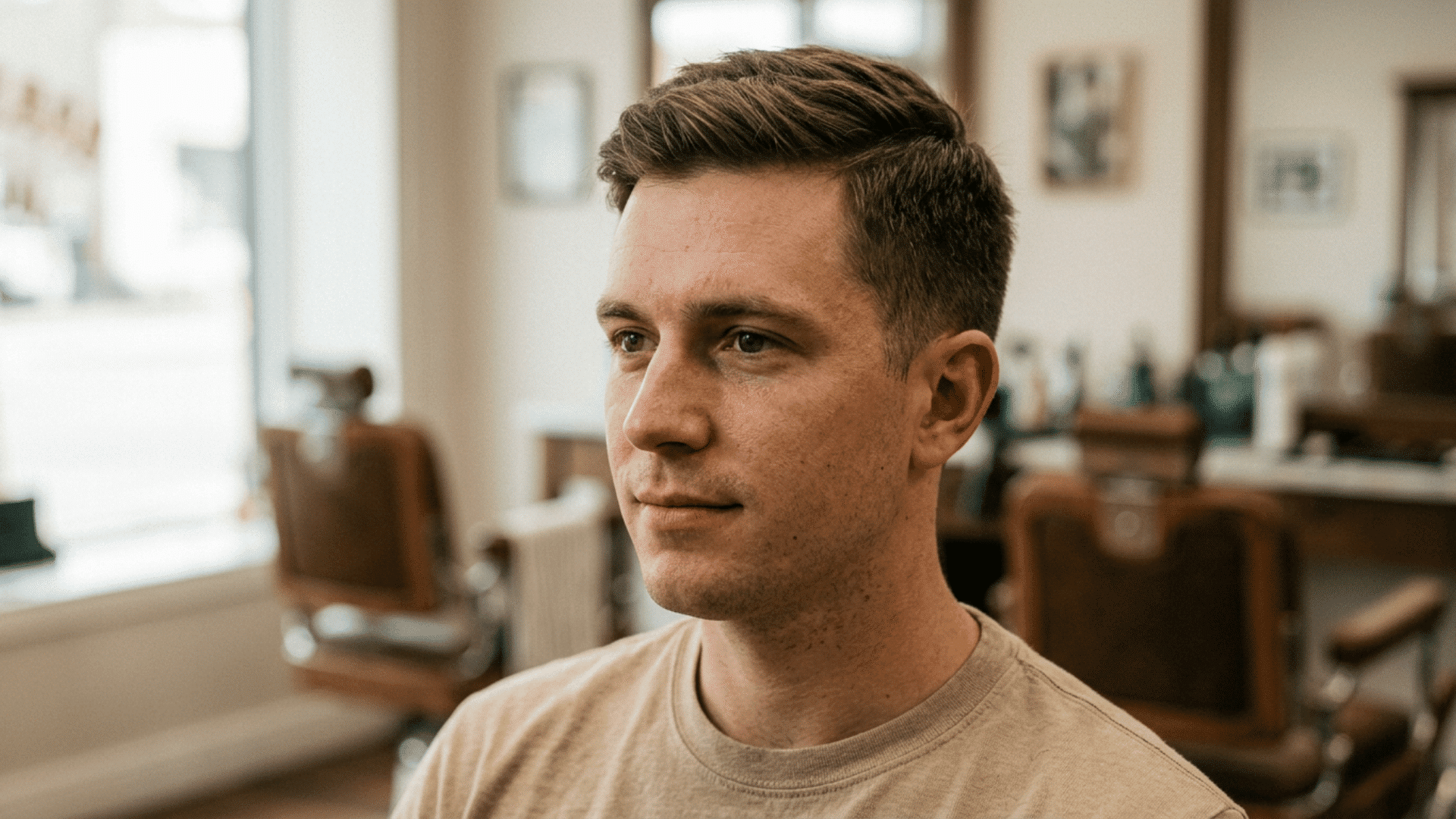 man wearing a traditional side swept crew cut with short natural sides and no visible fade