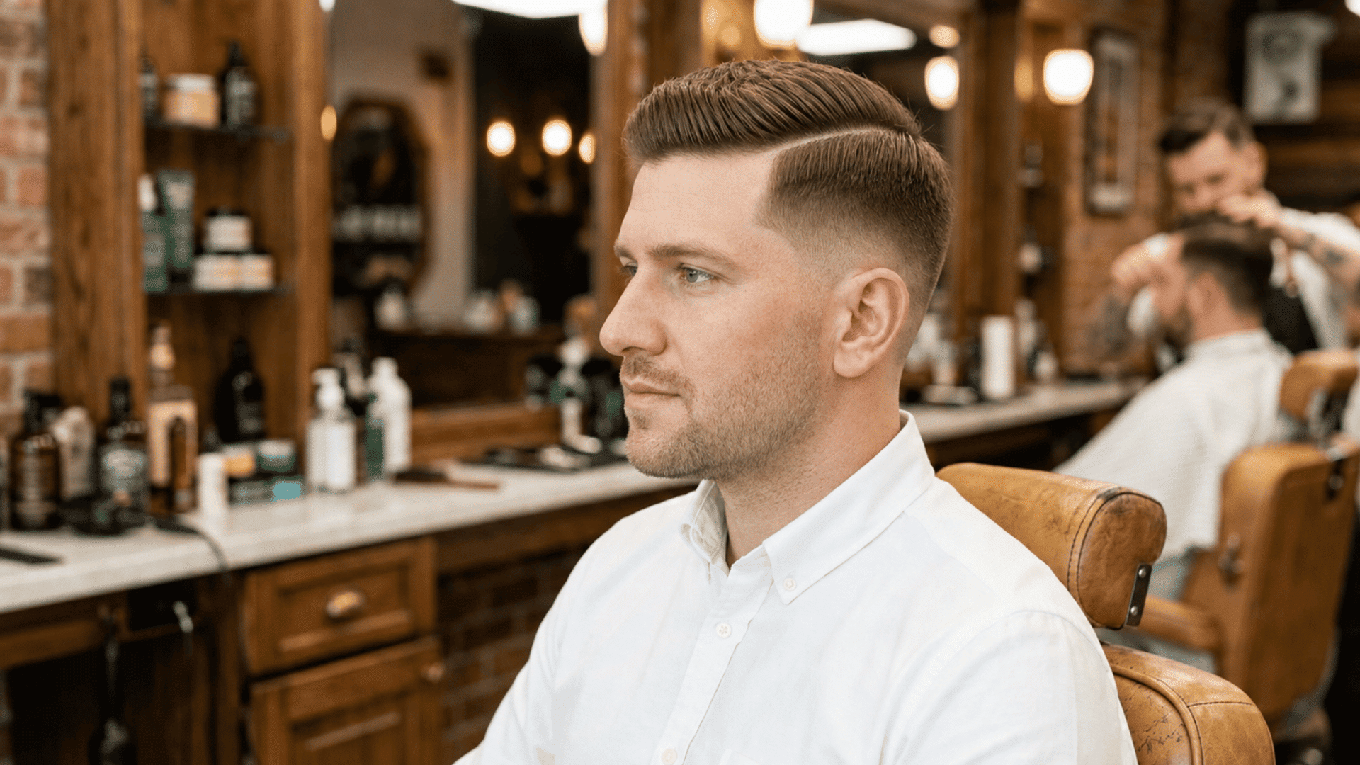 man with a light brown side swept haircut featuring a defined hard part and faded sides in a barbershop
