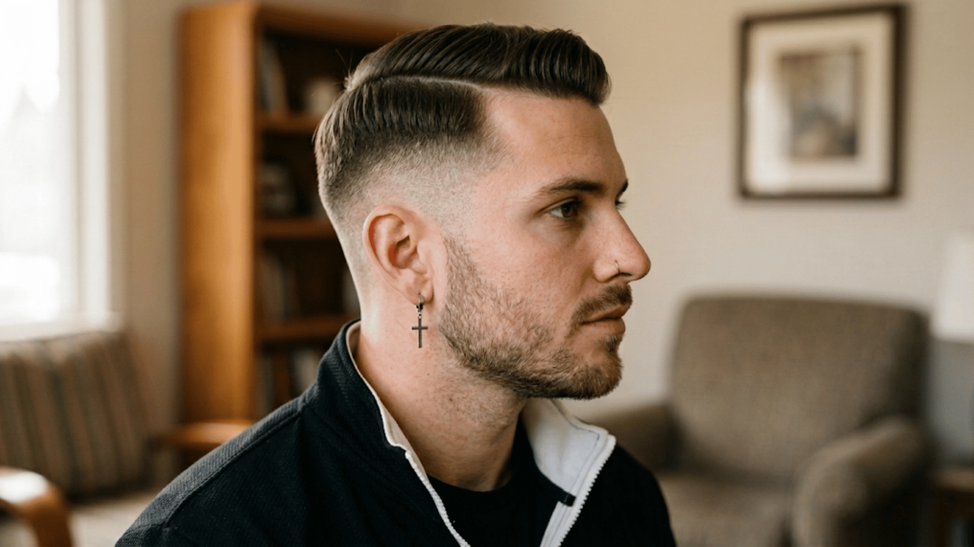 man with a side swept high fade crew cut featuring a defined part and smoothly blended sides indoors