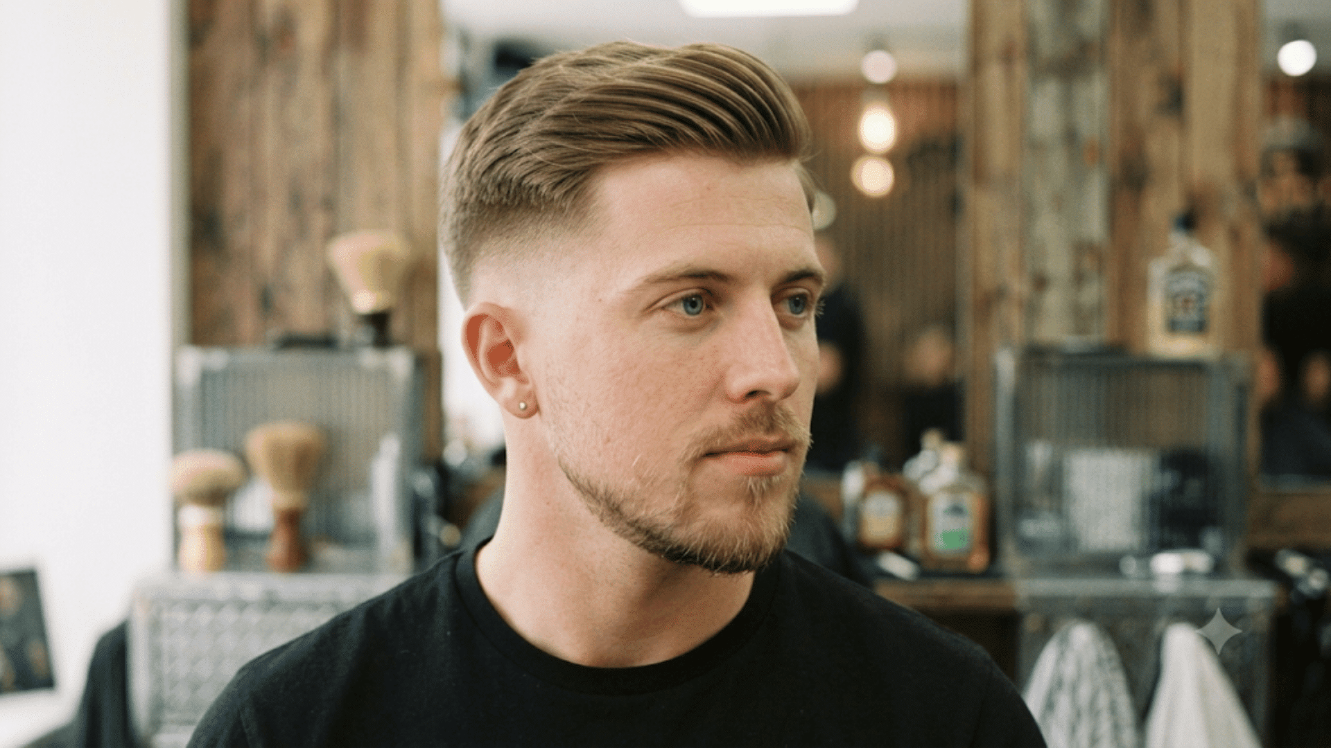 man with a side swept mid fade crew cut featuring a smooth voluminous top and neatly blended sides in a barbershop