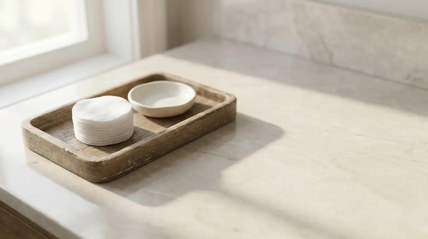 Cotton pads and small dish on wooden tray in sunlit bathroom setting