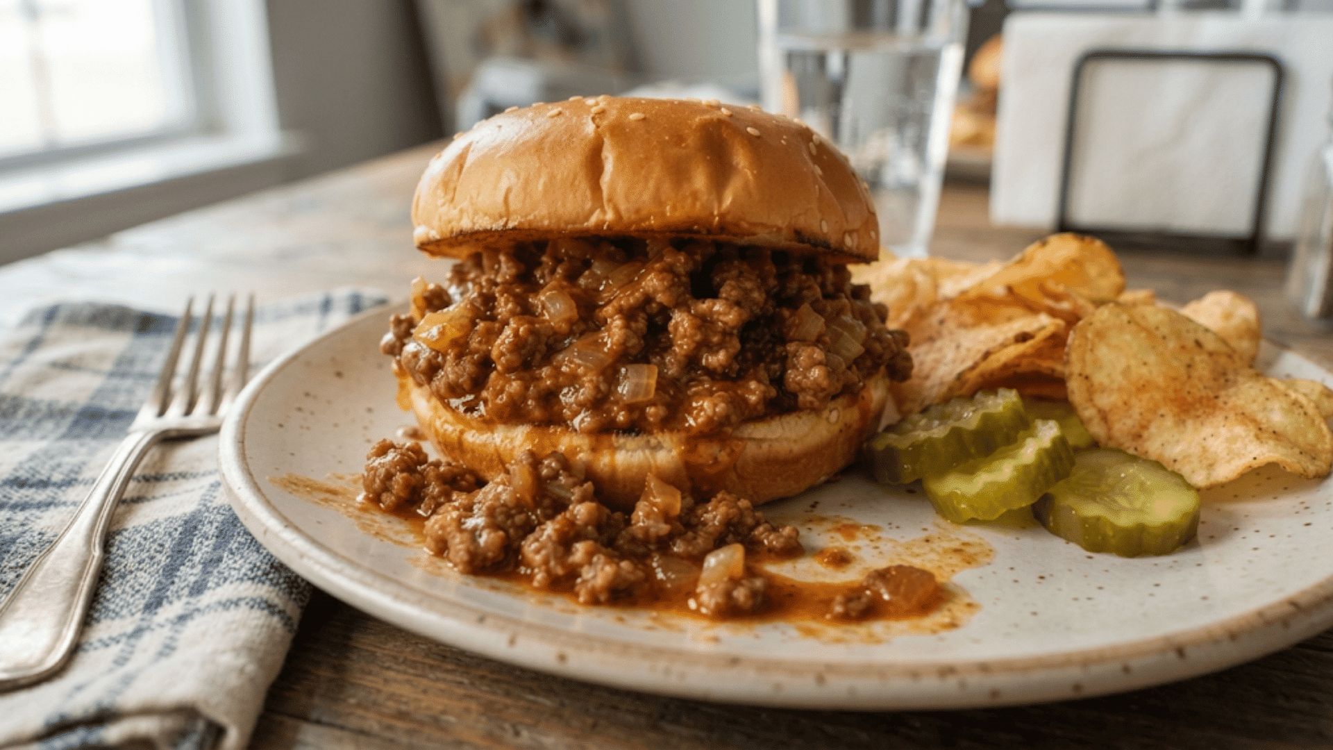 homemade sloppy joe sandwich filled with saucy ground beef and served with potato chips and pickles