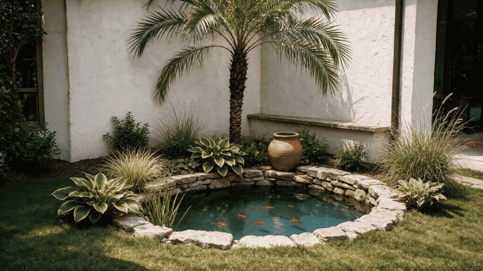small koi pond with stone edging ornamental grasses and tropical plants in a landscaped backyard