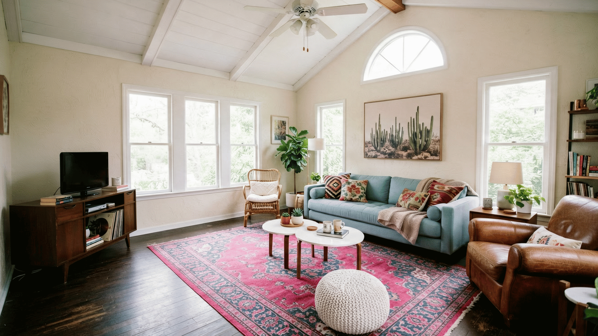 small living room with a blue sofa colorful patterned rug leather armchair and cactus artwork above the seating area