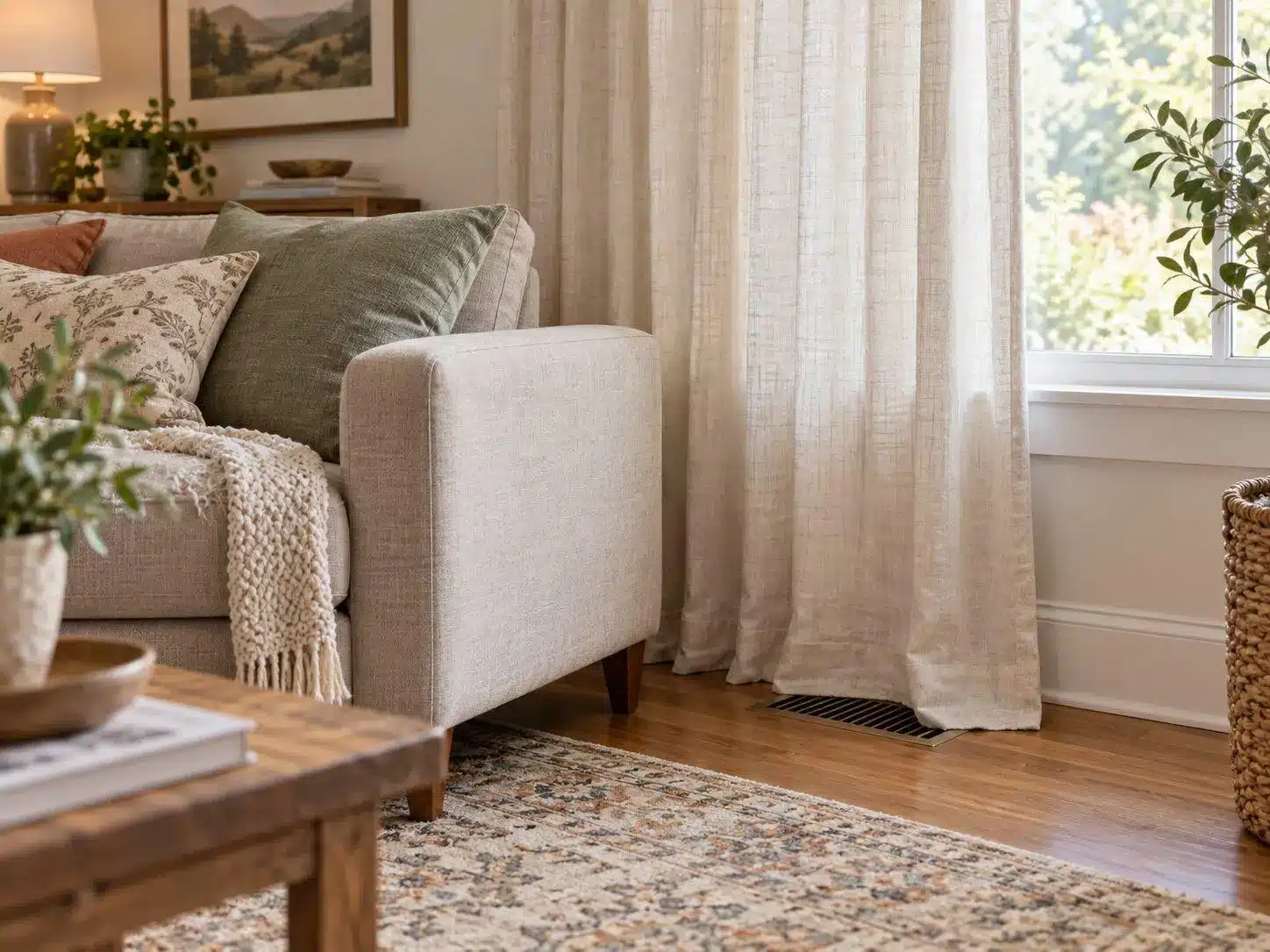 Cozy living room with beige sofa, patterned pillows, knitted throw, and woven basket near window