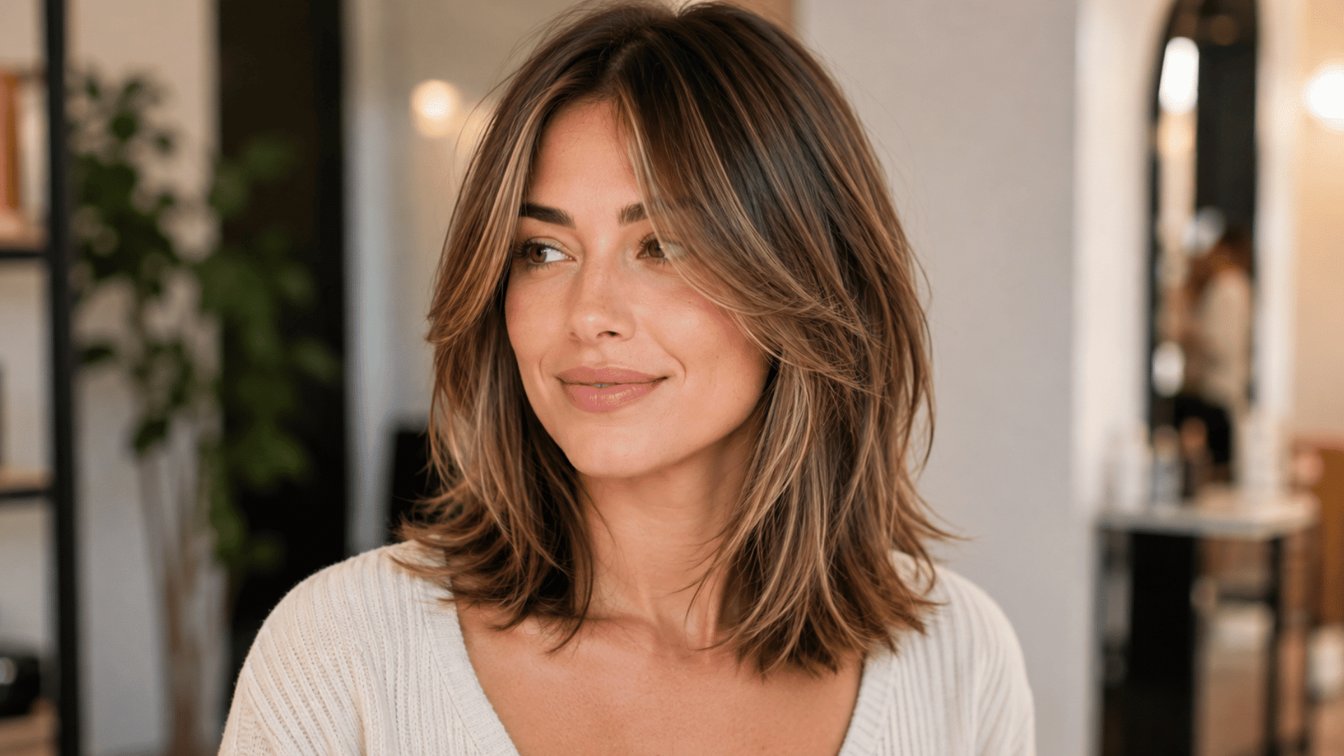 woman with heart shaped face wearing soft layered haircut for fine hair