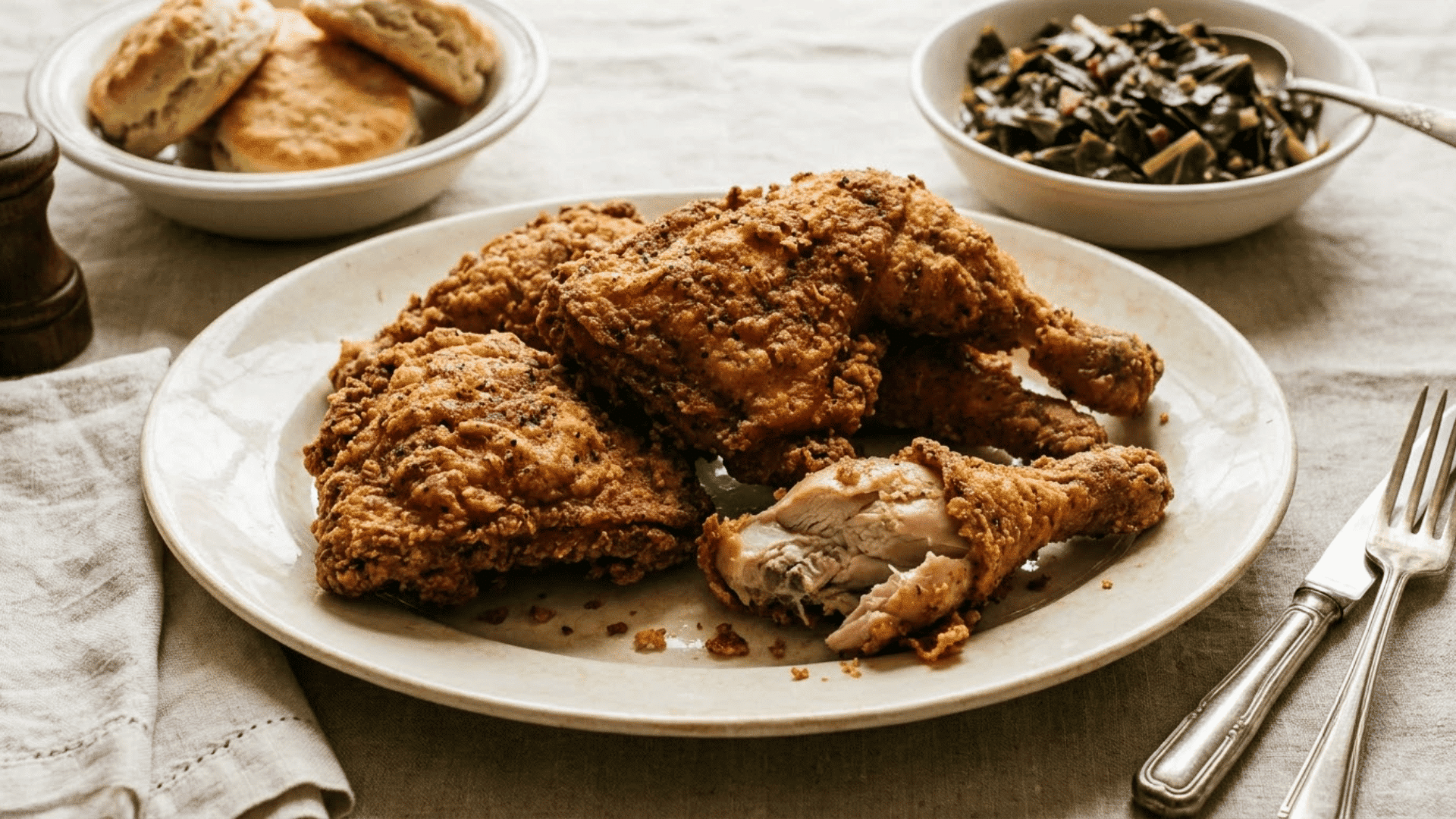 crispy southern fried chicken served with flaky biscuits and collard greens on a family table