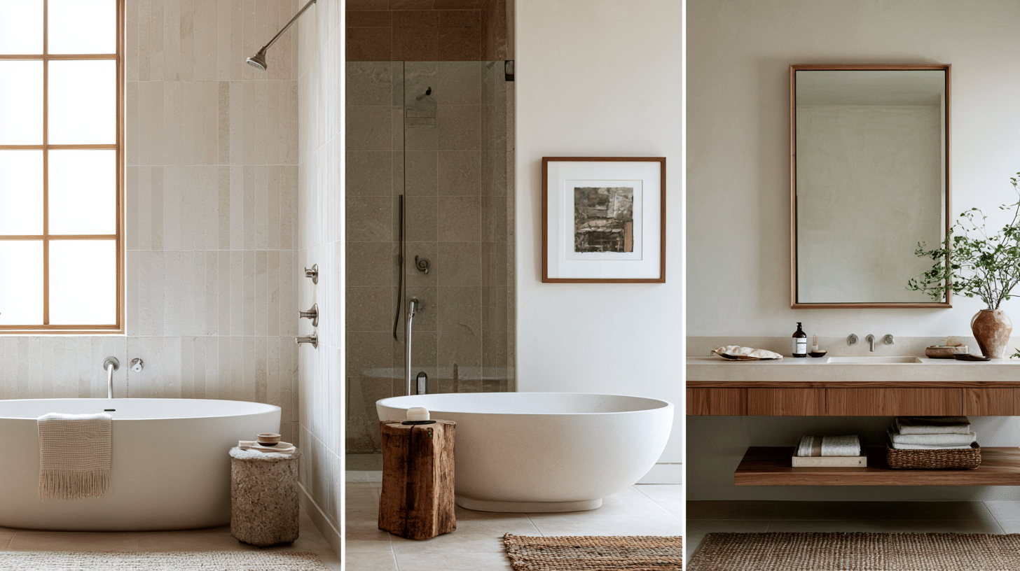 Contemporary bathroom with freestanding tub, large mirror, wooden accents, and potted green plant