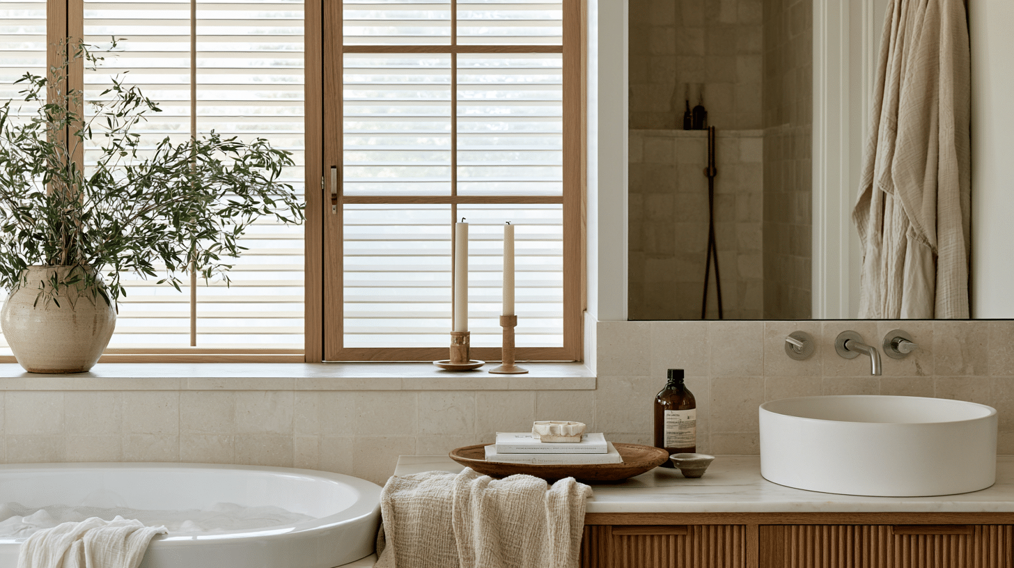 Minimalist bathroom with round white basin, wooden blinds, and ceramic plant vase on window ledge