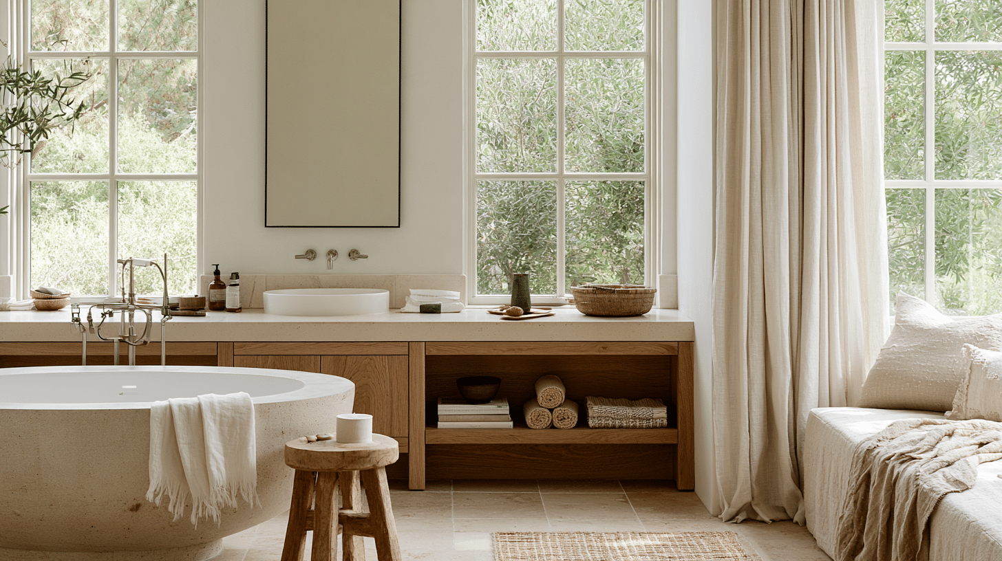 Elegant bathroom with large round bathtub, wooden shelves, and natural light from tall windows