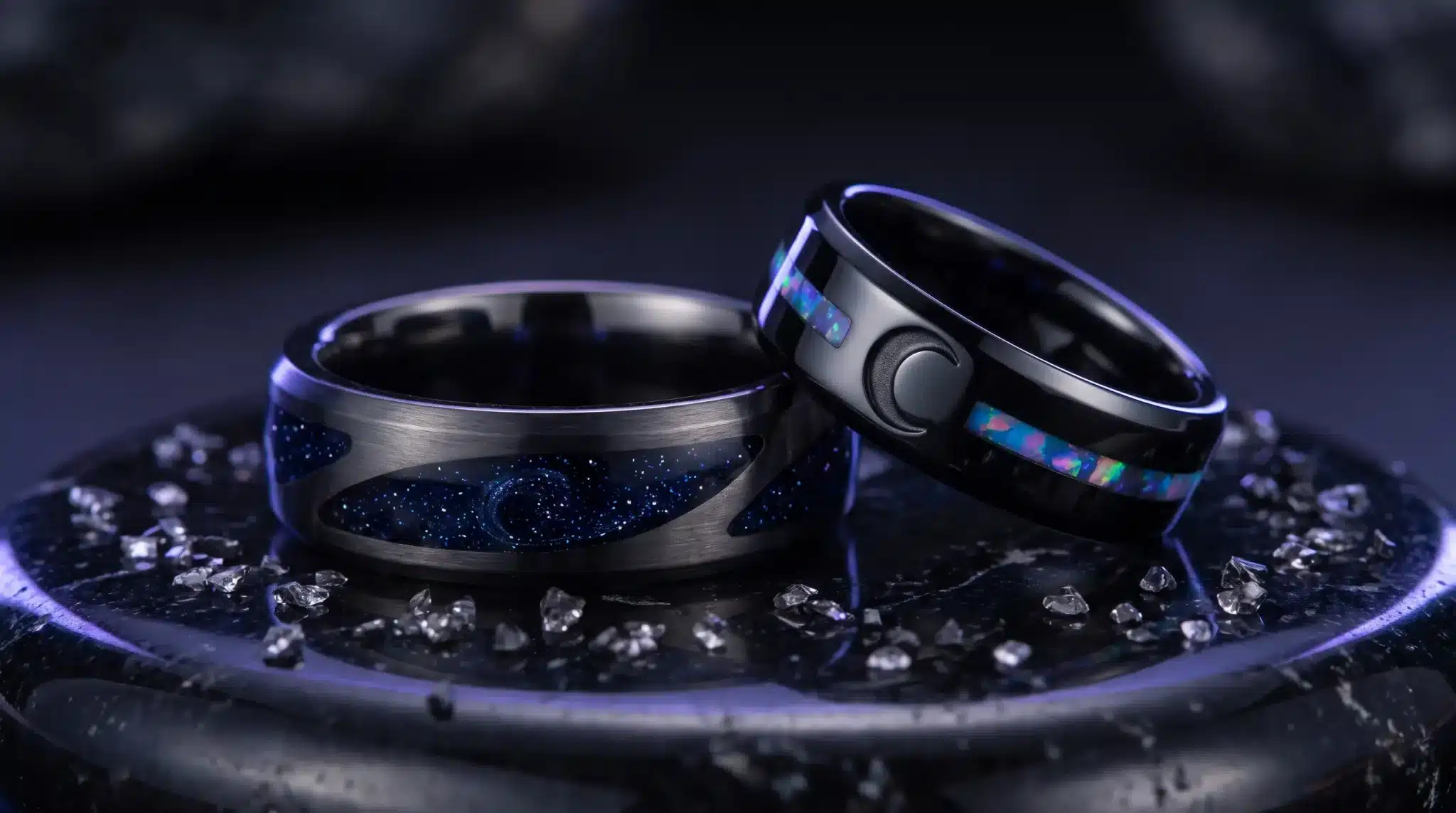 Two black rings with galaxy and opal designs on dark stone background