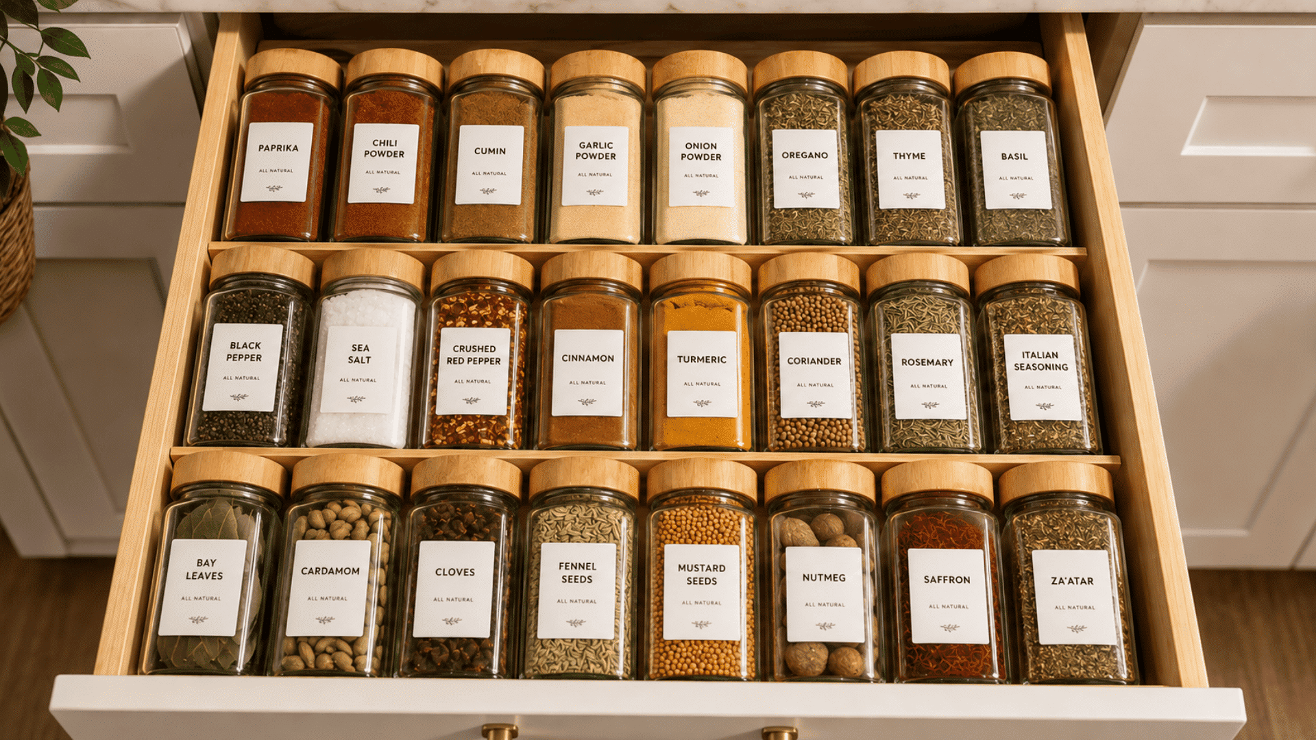 an open kitchen drawer neatly organizes labeled glass spice jars in three rows for easy access and storage