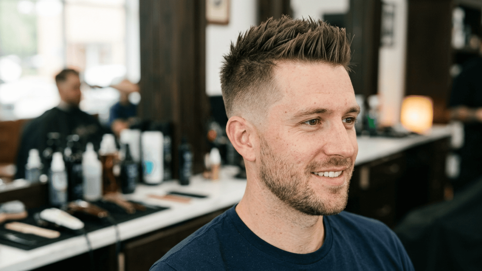man with a spiky crew cut featuring short defined spikes and closely clipped sides