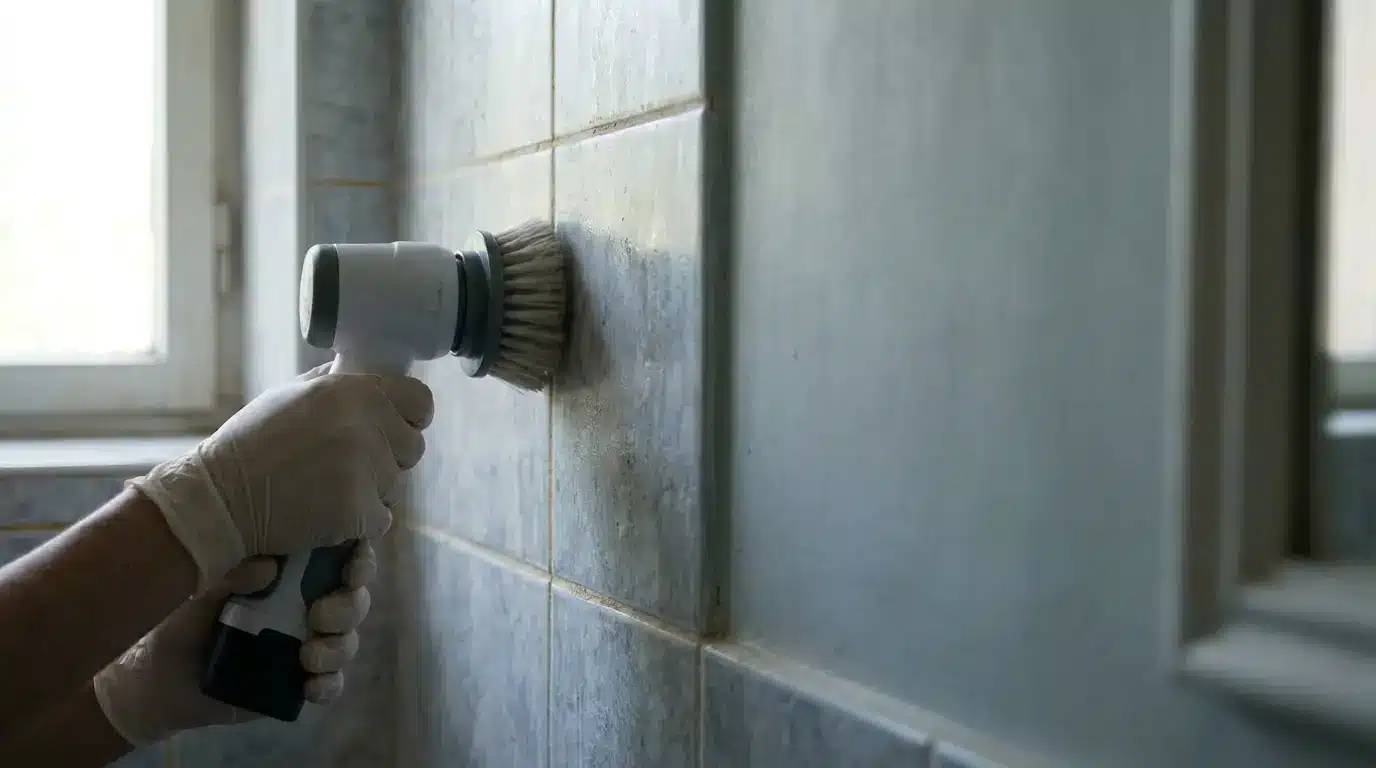Electric brush scrubbing bathroom tiles near window under natural light